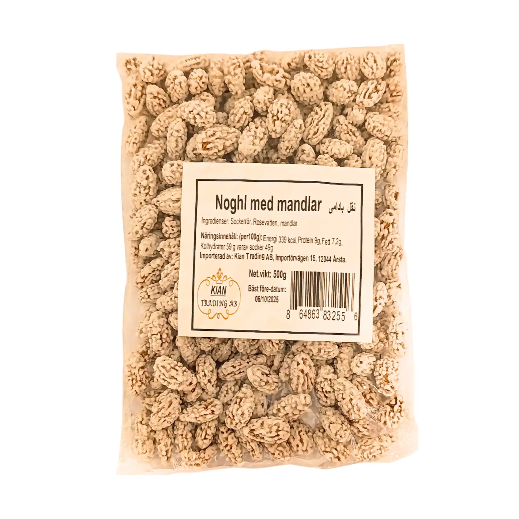 Påse med Noghl mandlar, orientaliskt godis med sockeröverdrag, 500g.