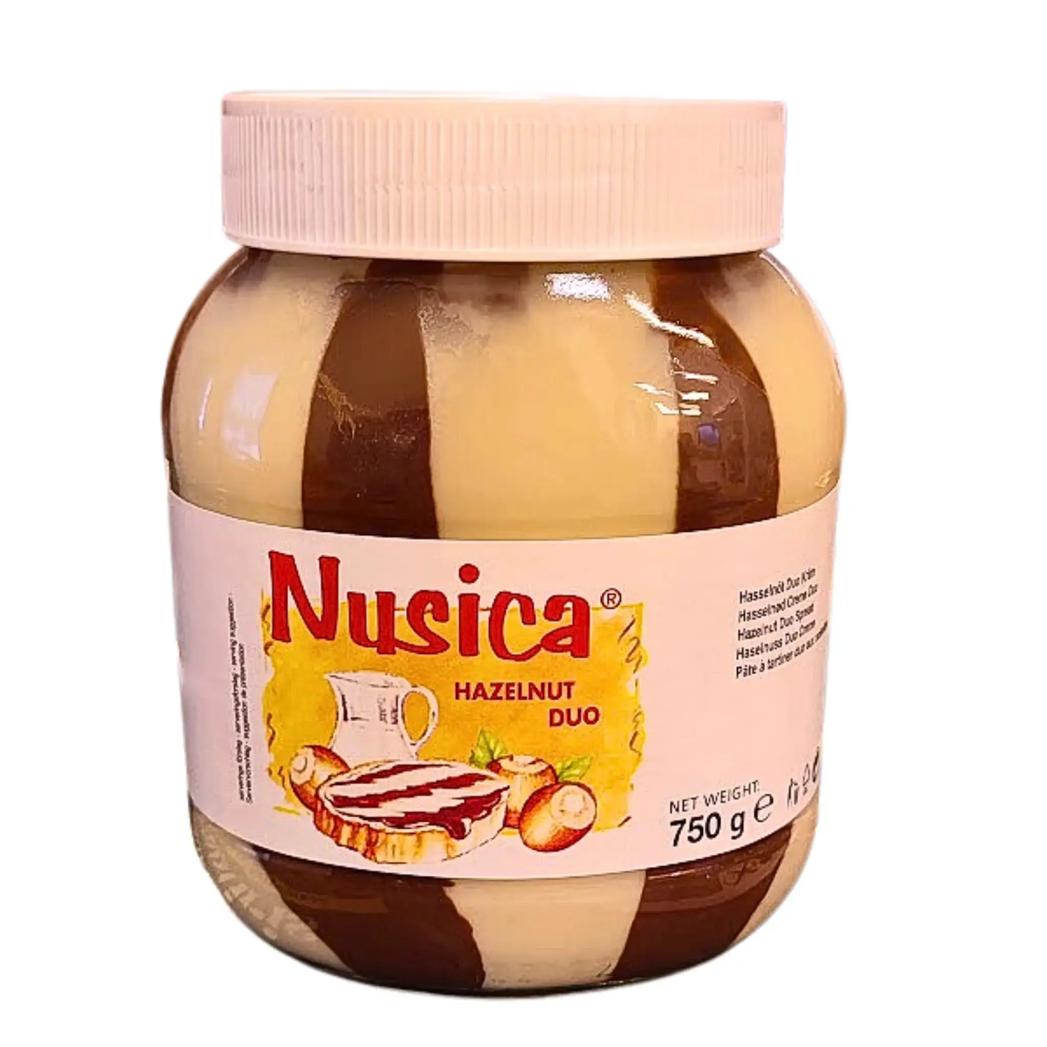 Stor burk med randig hasselnötskräm duo, 750g, med etikett 'Nusica Hazelnut Duo'.