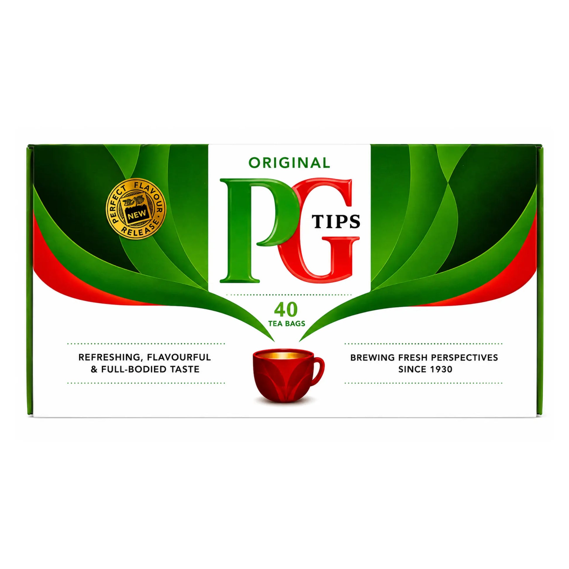 Te-burkskartong PG Tips Original, grön/vit med texten 40 te-påsar