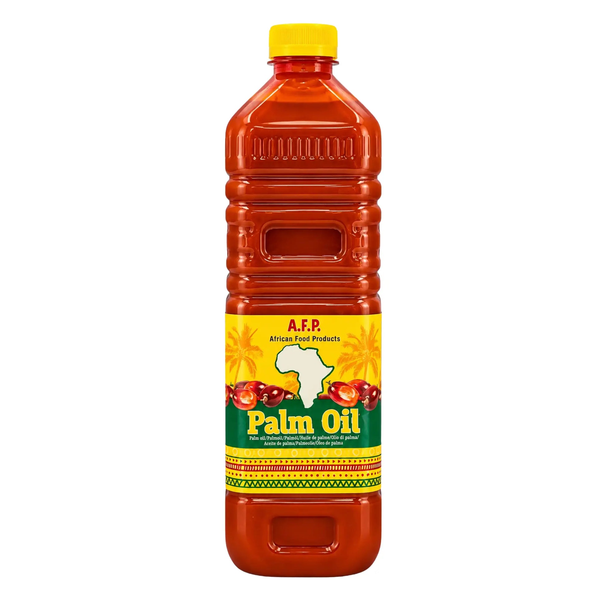 AFP palmolja 1 L i orange plastflaska med gul skruvkork och palm-motiv