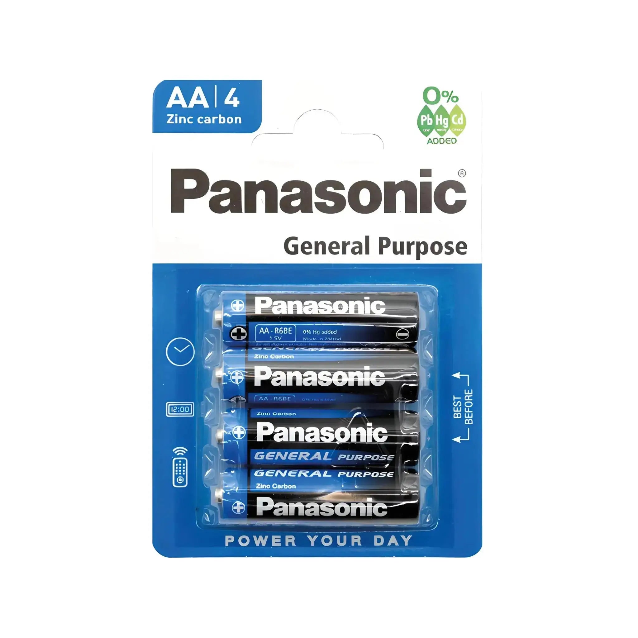 Fyra Panasonic AA-zinkkolbatterier i originalförpackning, energieffektiva och pålitliga.