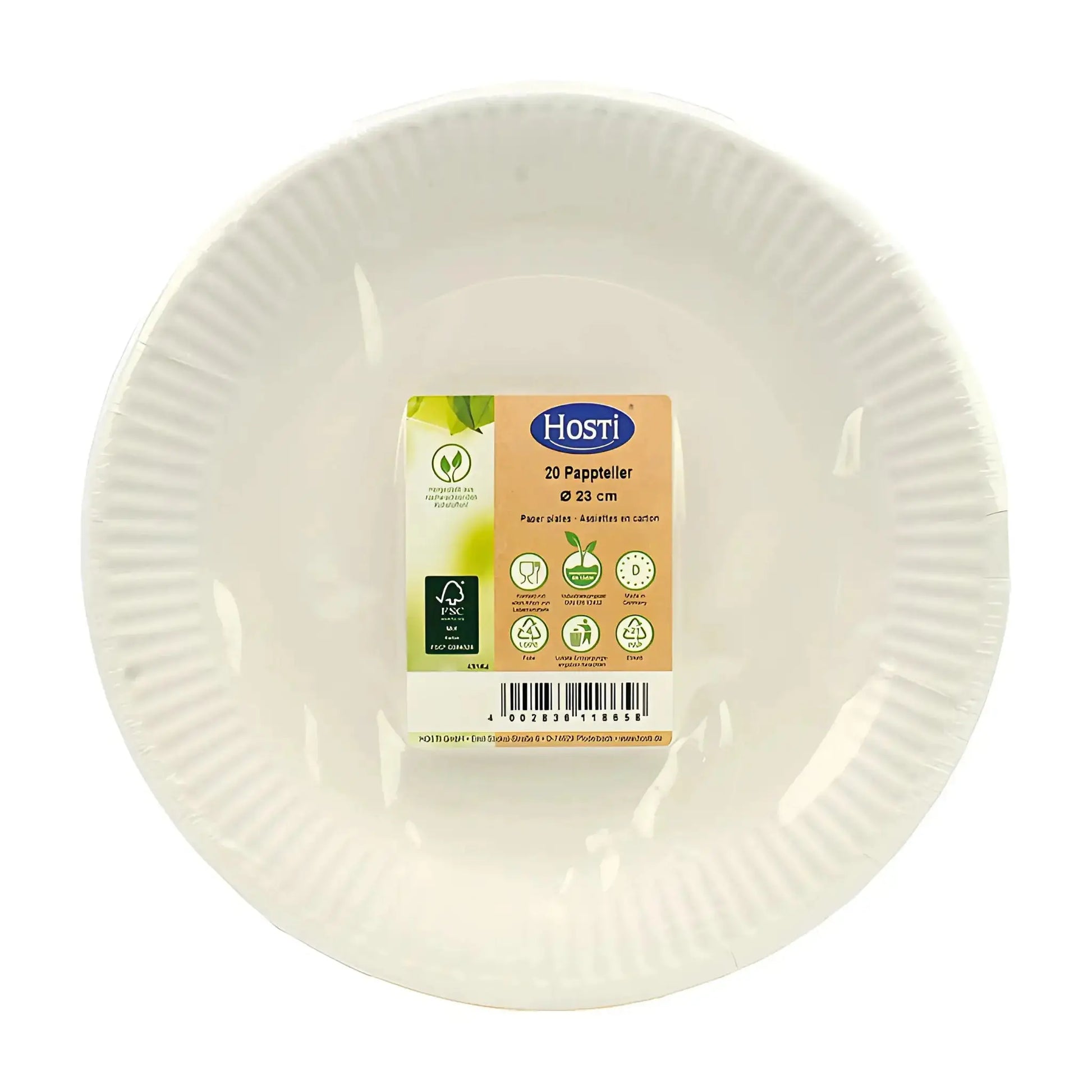 Vita papperstallrikar 23 cm 20-pack, miljövänliga engångstallrikar med FSC-märkning.