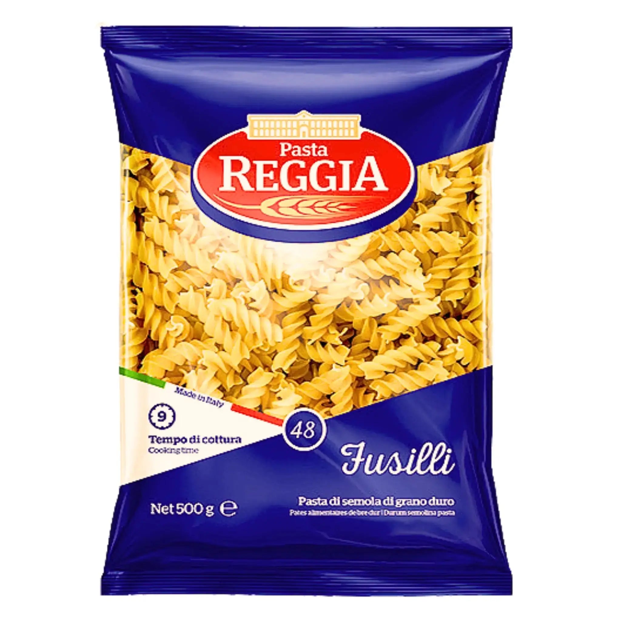 Fusilli pasta 500g i genomskinlig och blå förpackning, italiensk durumvete pasta.