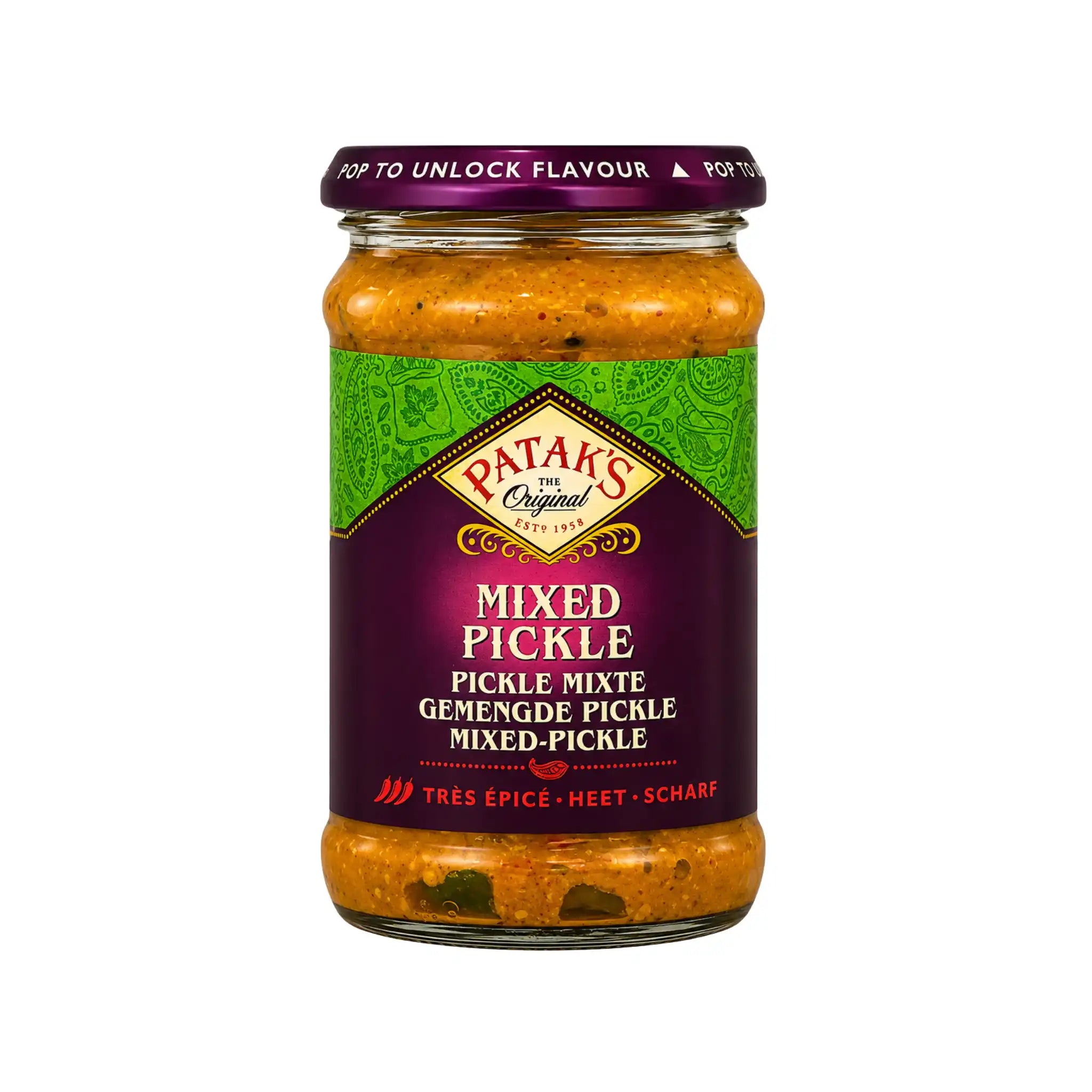 Patak's mixed pickle i glasburk med lock, etikett och innehåll, 283 g.