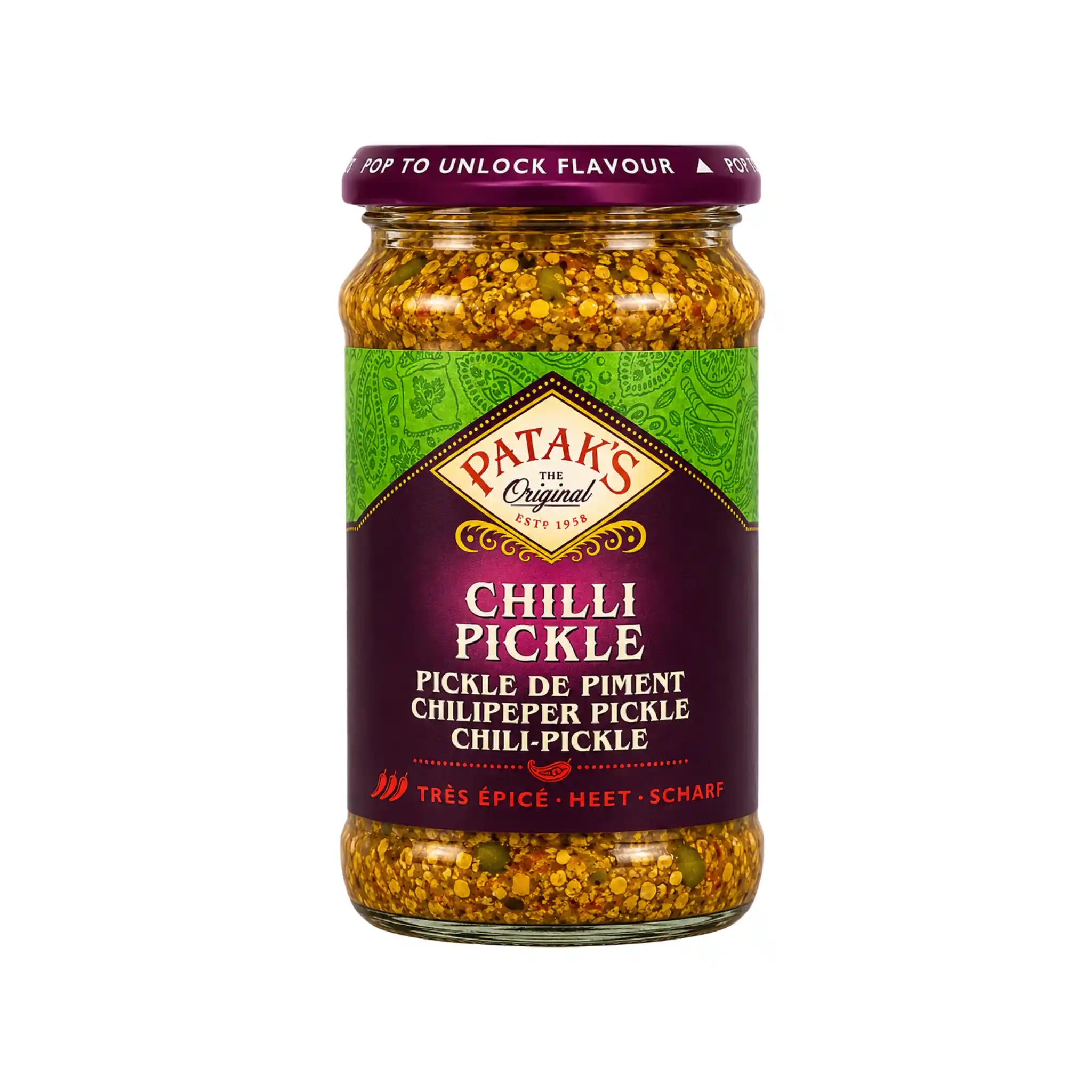 Patak’s chili pickles i glasburk med gulgröna bitar och lila etikett