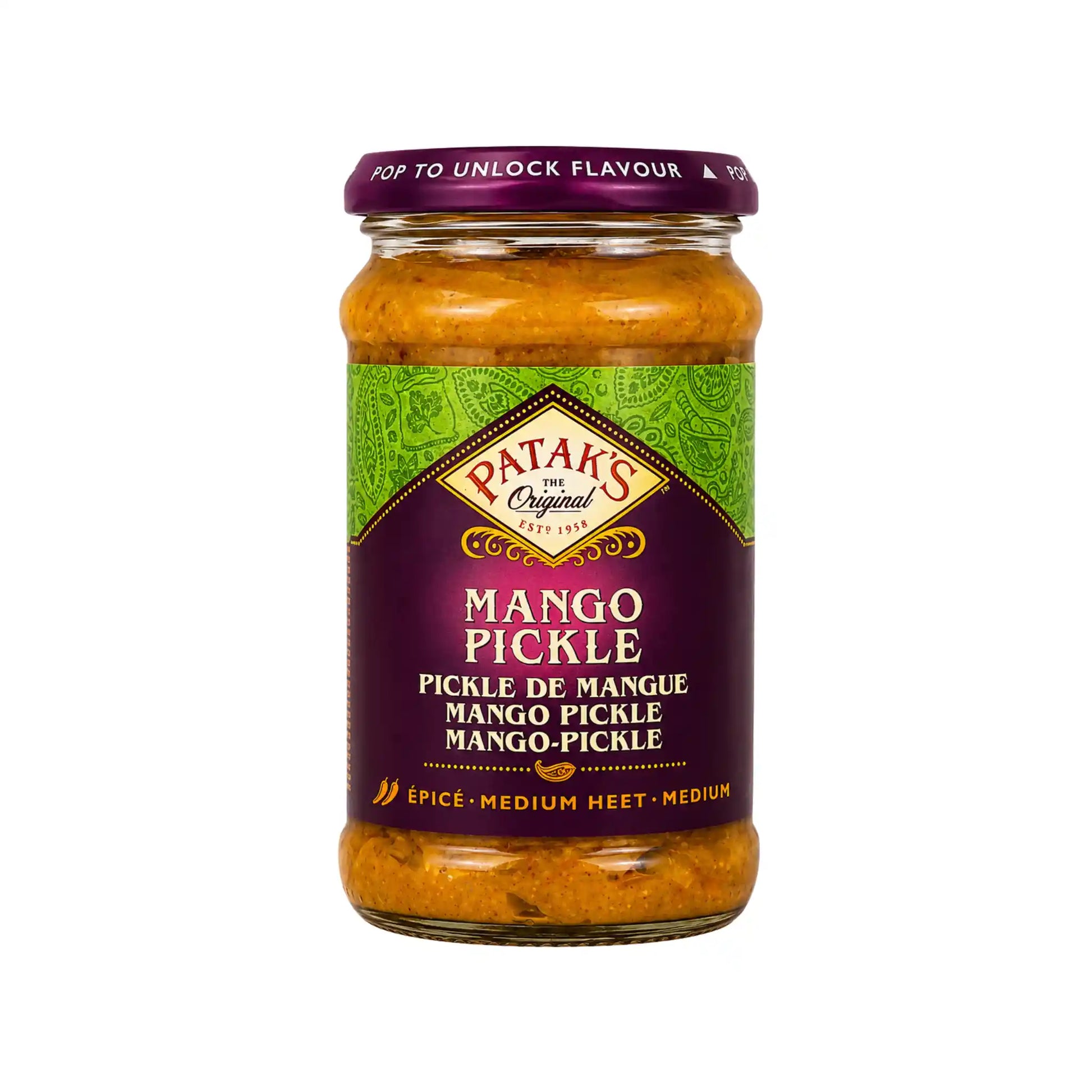 Mango pickle i glasburk med orange innehåll och lila etikett, Patak’s Original