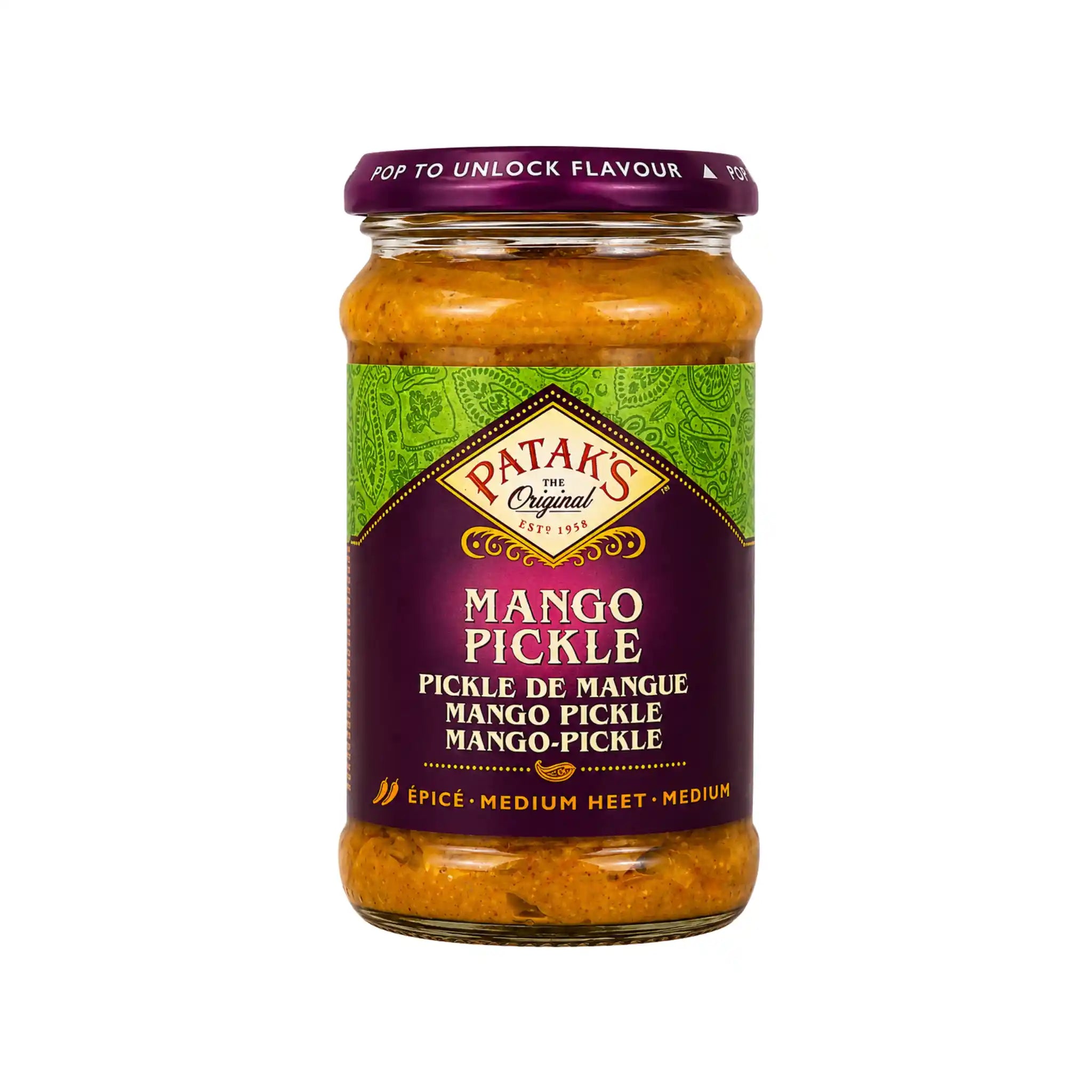Mango pickle i glasburk med orange innehåll och lila etikett, Patak’s Original