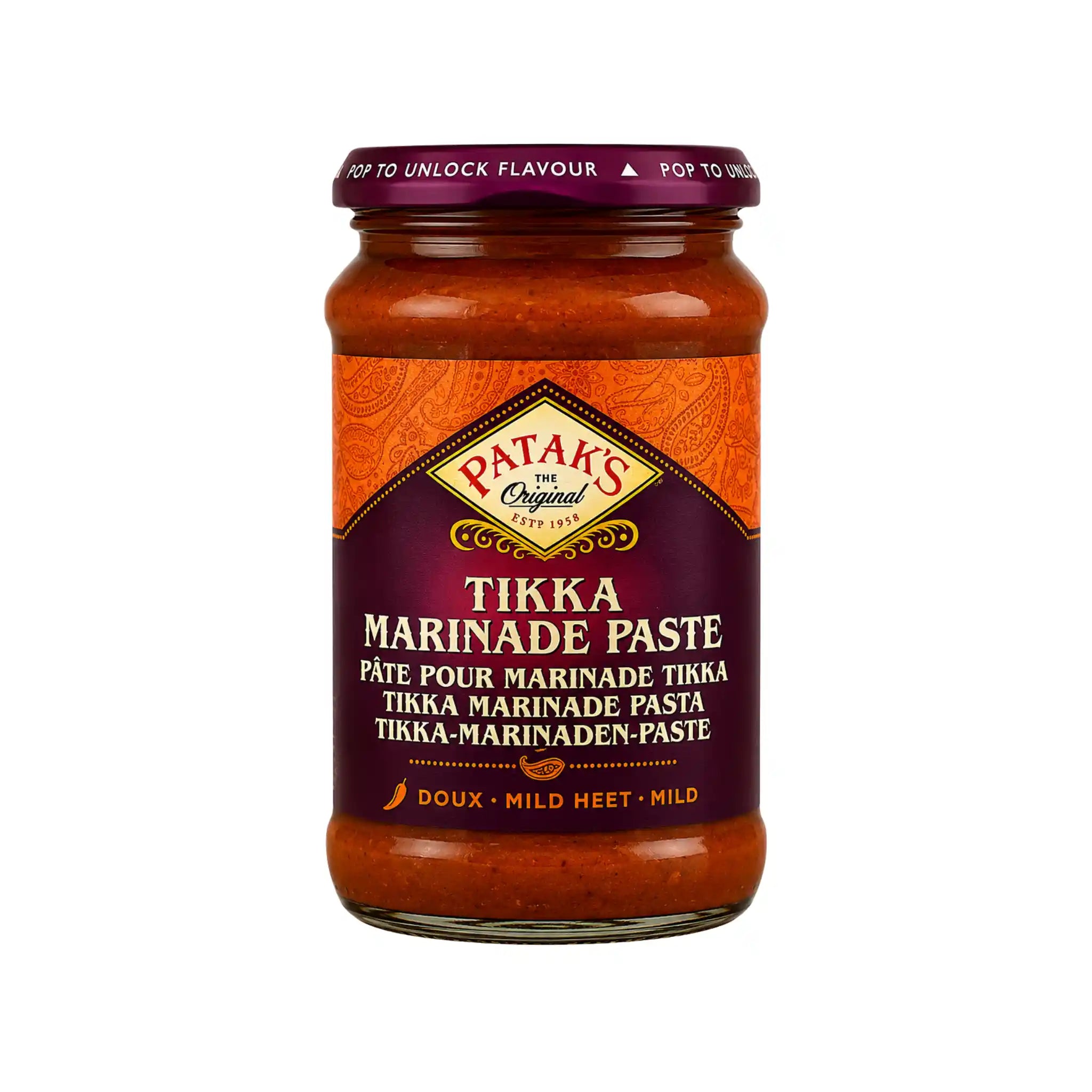 Patak’s tikka marinadpasta i glasburk med röd etikett