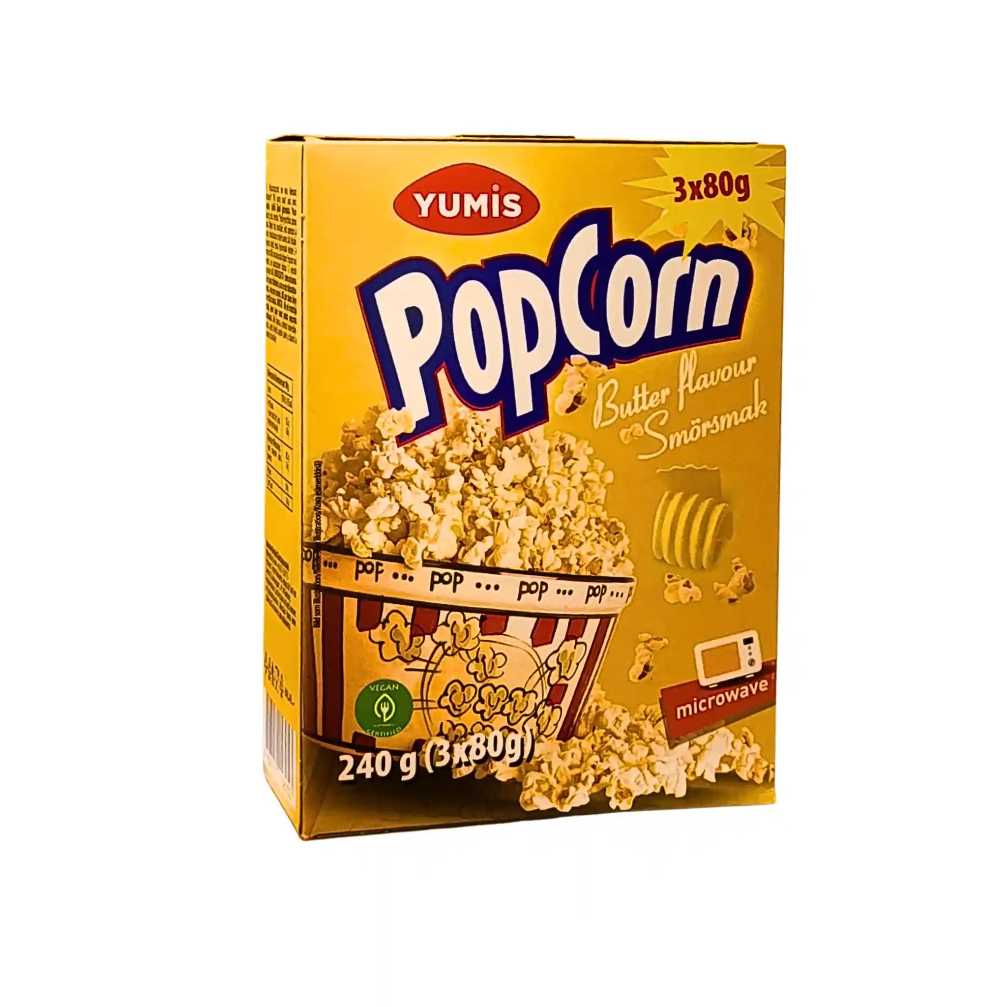 Yumis popcorn smörsmak 3x80g, gul förpackning med popcornbild, microugn
