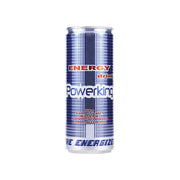 Powerking energidryck 25 cl burk med blått och silvermönster, energidryck på vit bakgrund