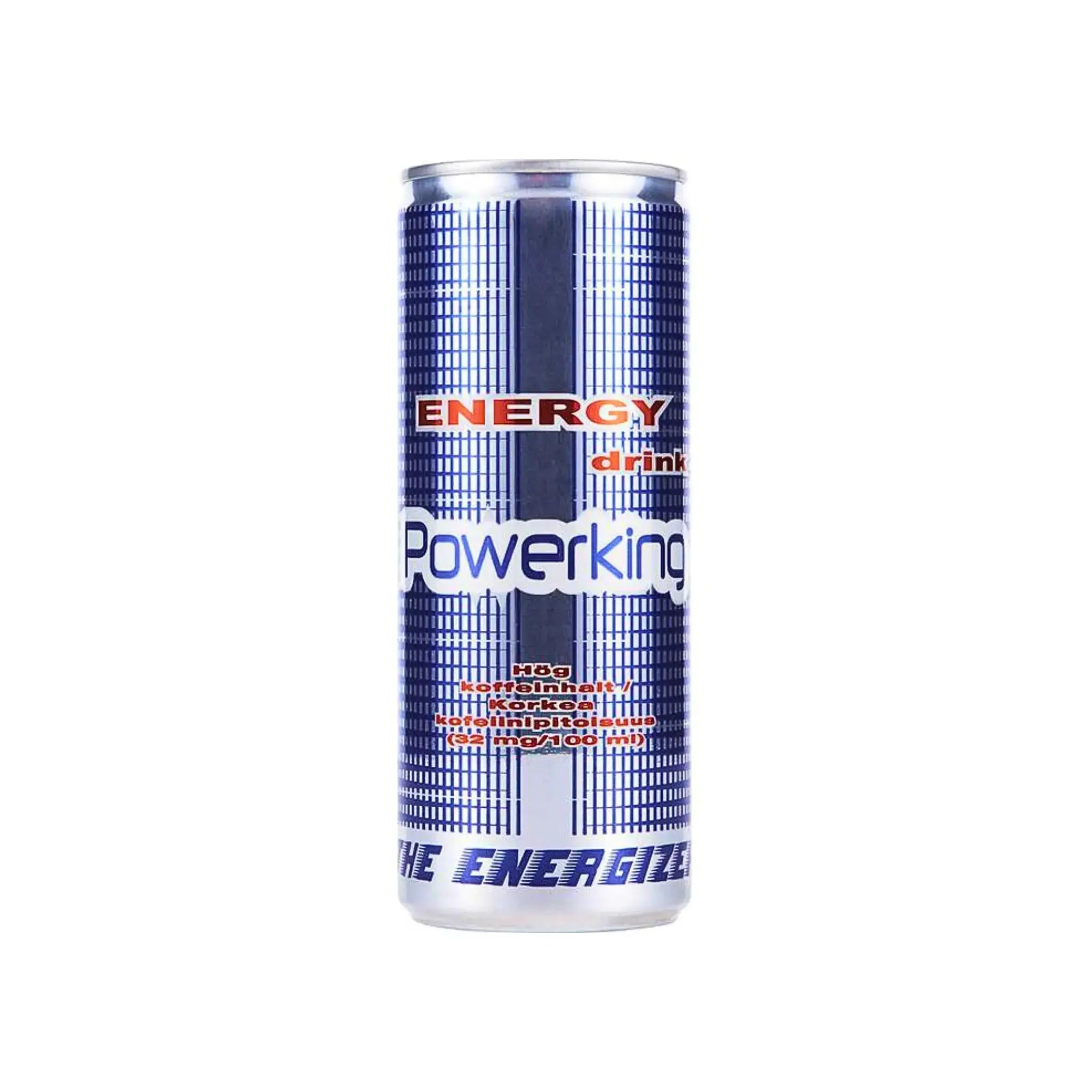 Powerking energidryck 25 cl burk med blått och silvermönster, energidryck på vit bakgrund
