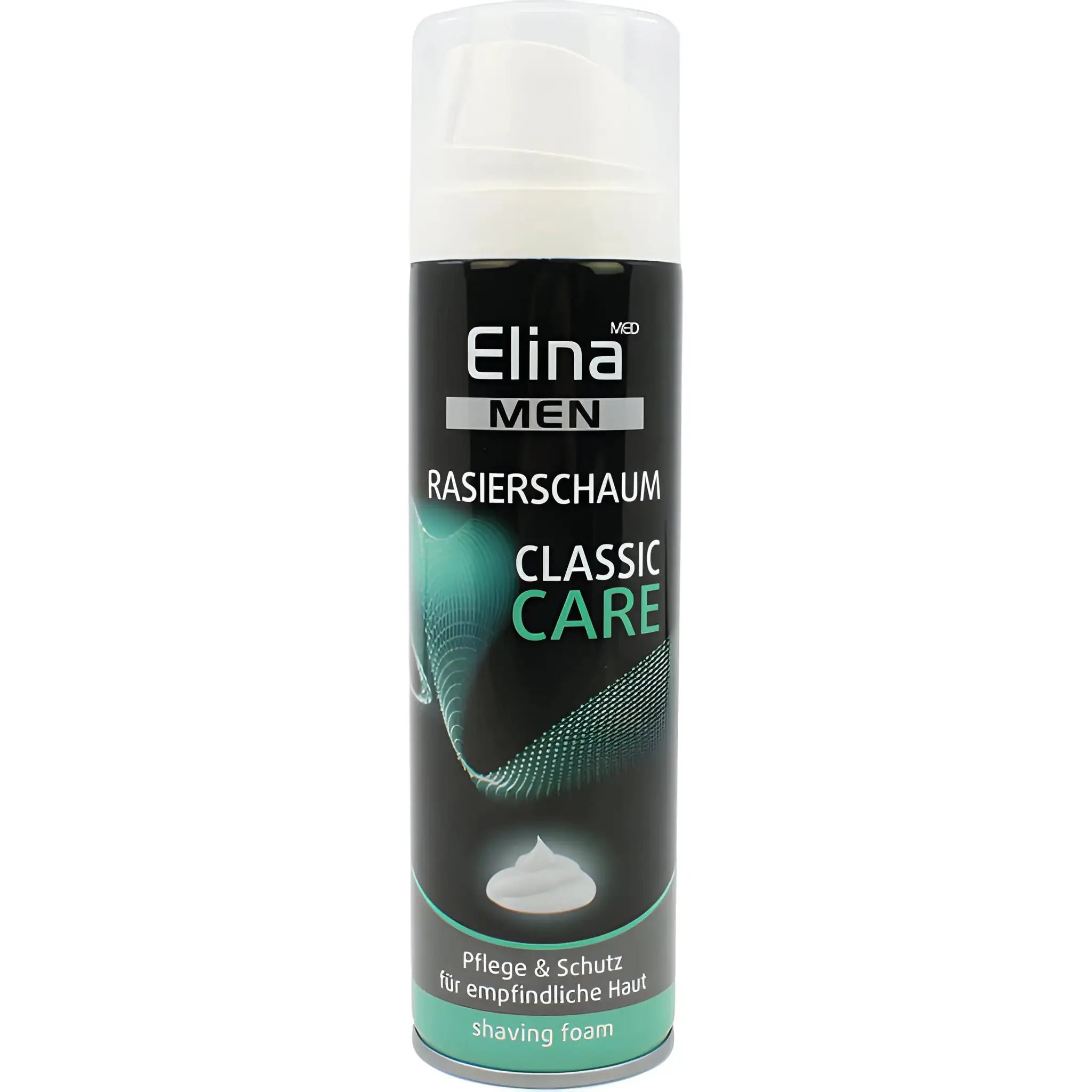 Rakskum Elina Classic Care för känslig hud, svart och grön raktub mot vit bakgrund