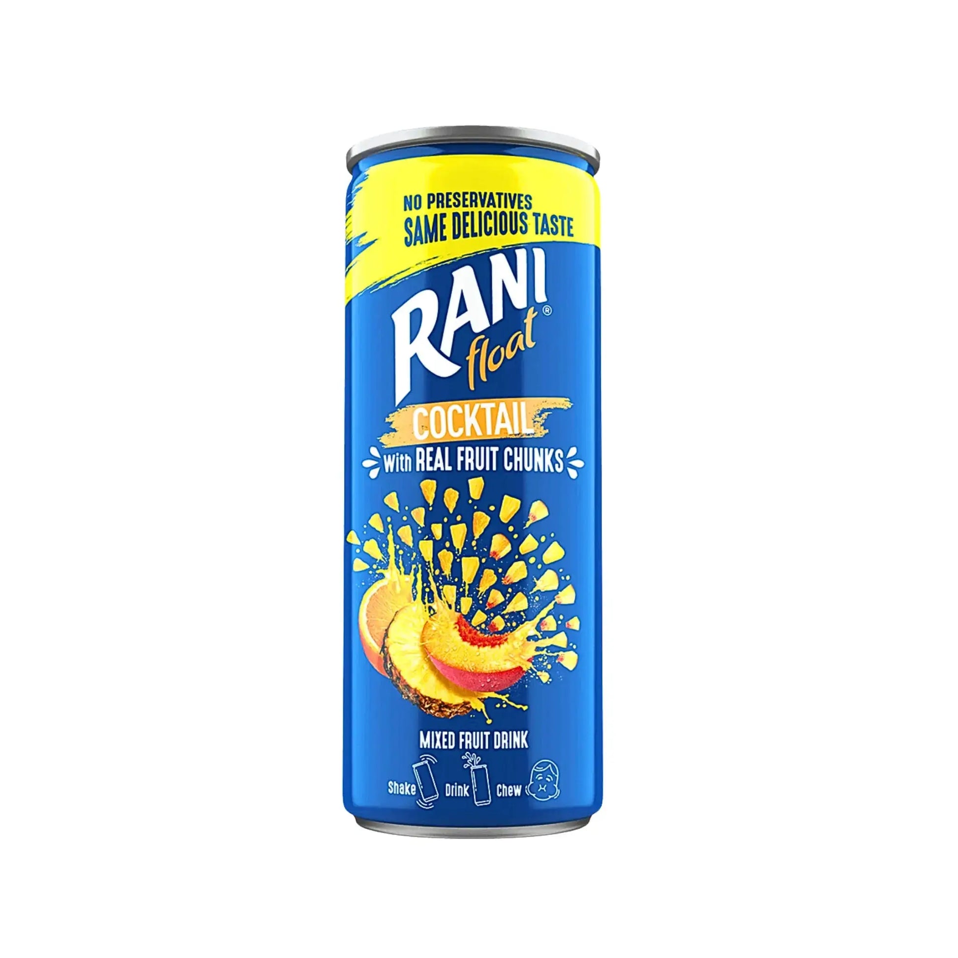 Rani Float cocktail burk blandad fruktdryck med fruktbitar på vit bakgrund
