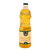 Flaska rapsolja 880ml med grön etikett, livsmedel för matlagning.