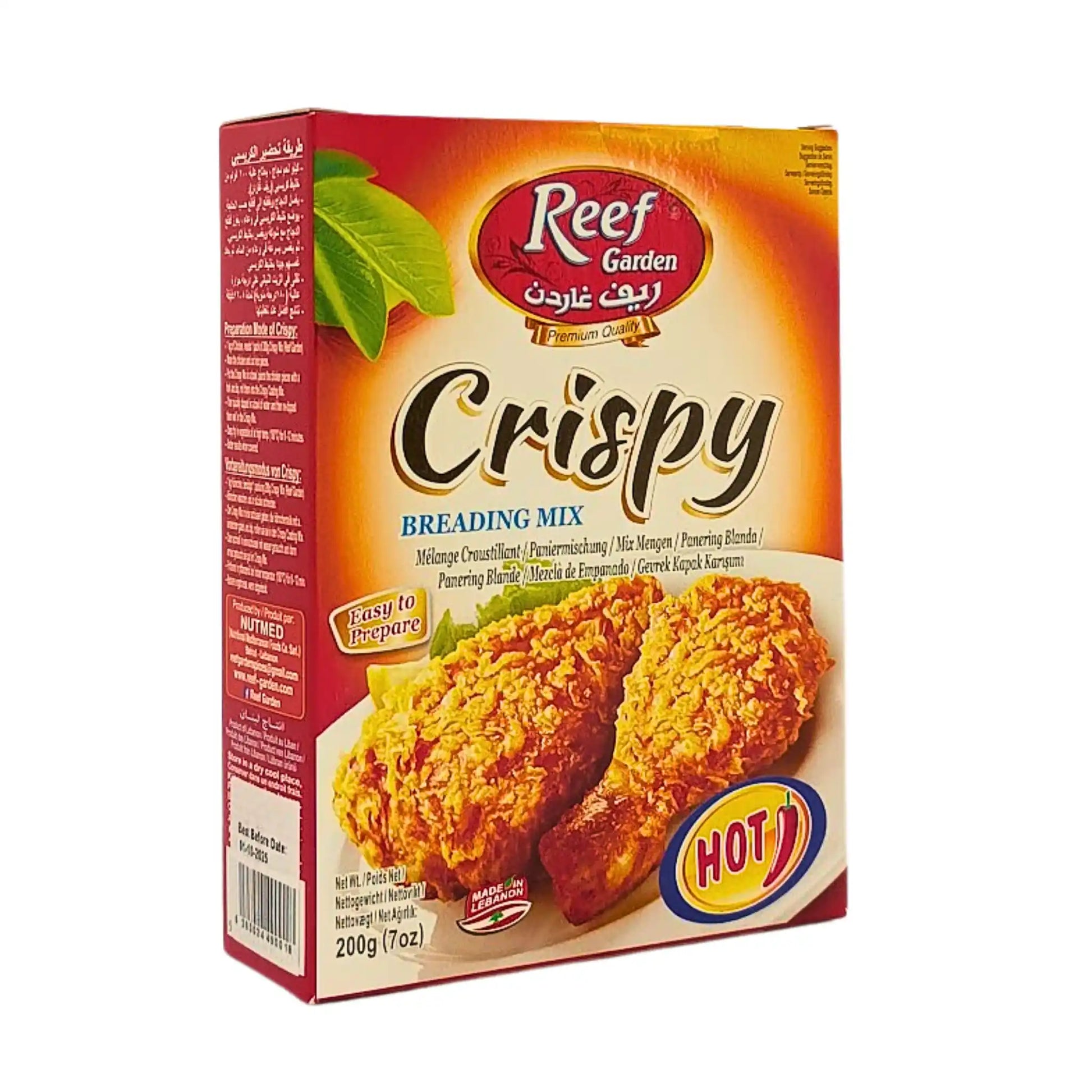 Förpackning med Reef Garden Crispy panering, bild på friterad kyckling, 200g, stark.