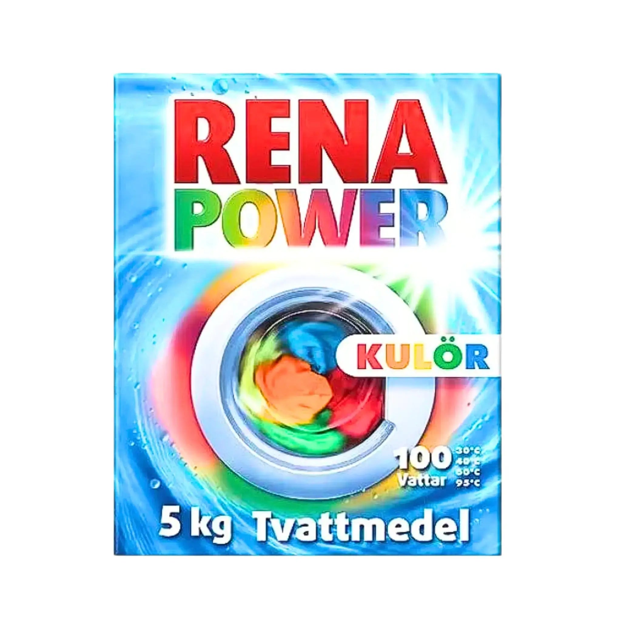 Rena Power kulörtvättmedel 5 kg för färgade kläder, tvättmaskin på färgstark förpackning