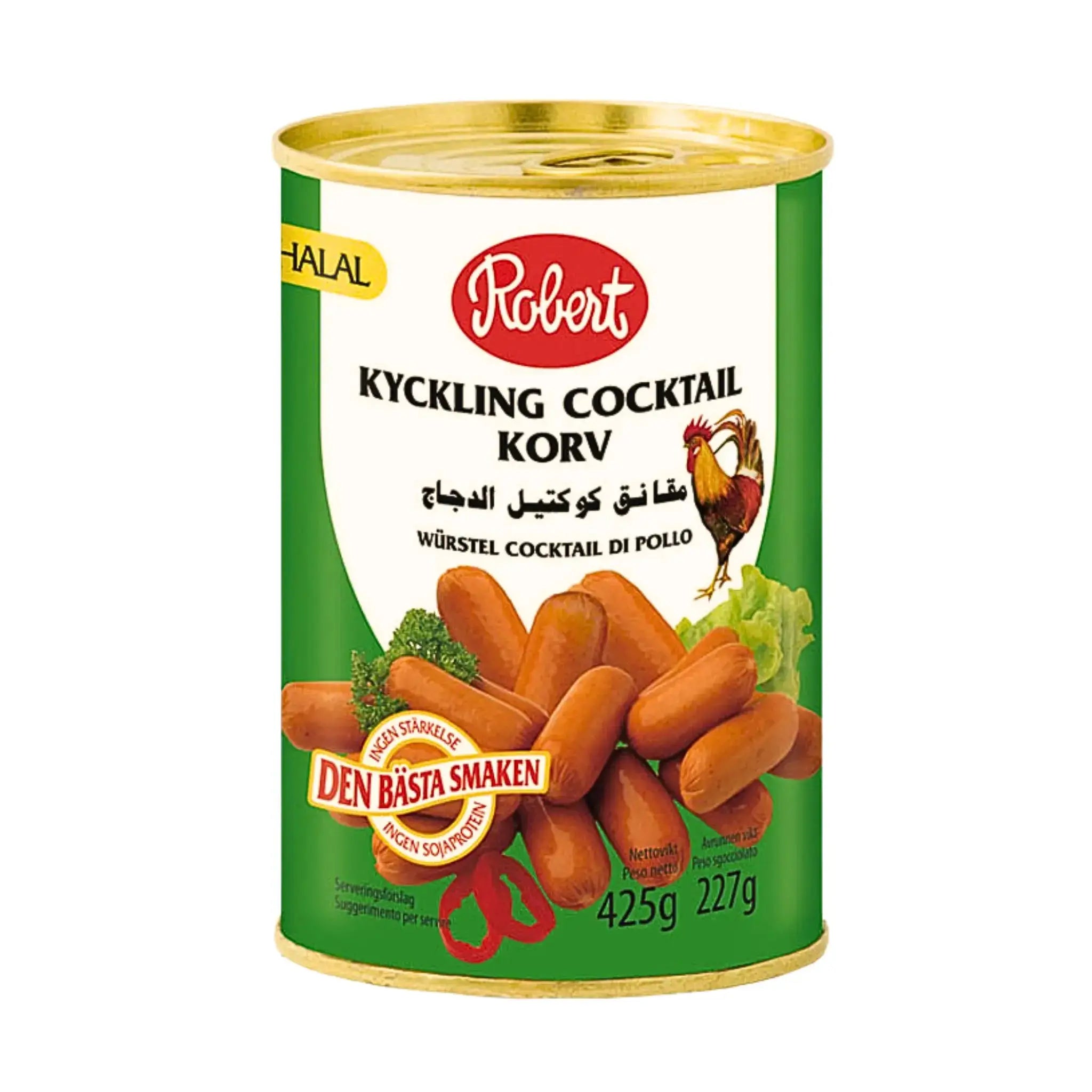 Konservburk med kyckling cocktailkorv 425g, halal märkning, grön och vit etikett.