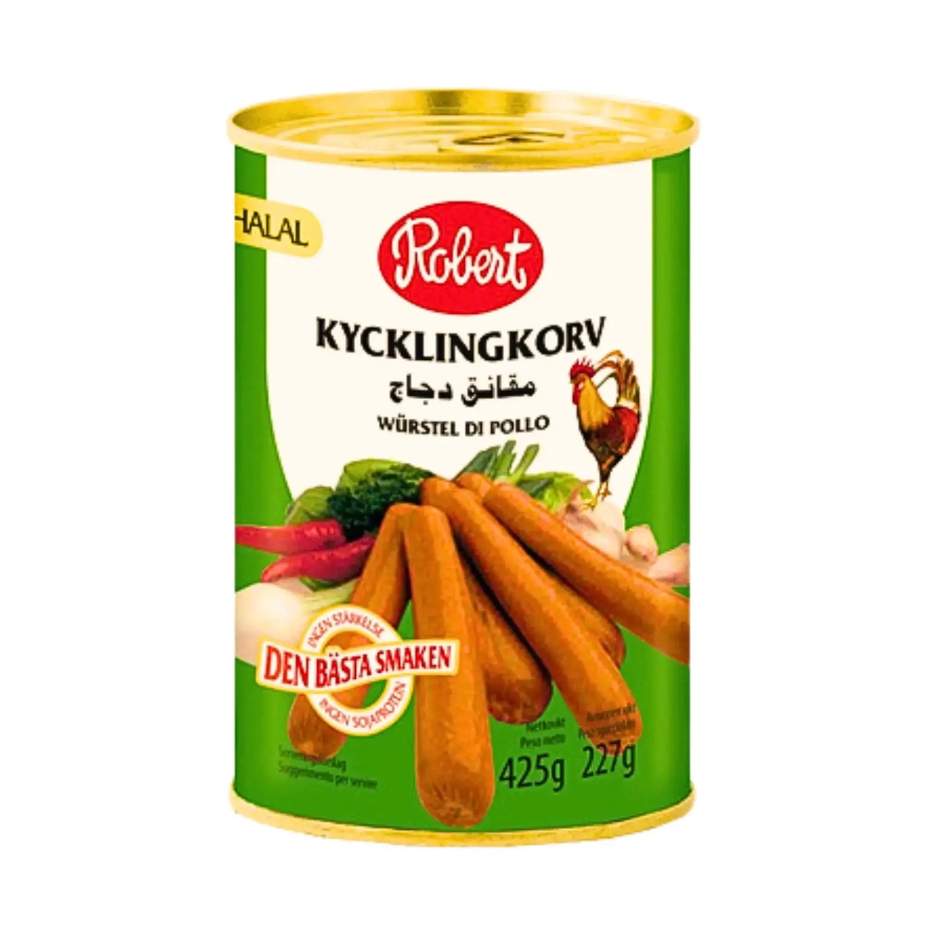 Burk kycklingkorv 425g, halal, grön etikett med korvar, grönsaker och tupp.