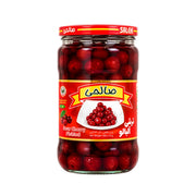 Salehi picklade körsbär i glasburk, röd frukt och lock