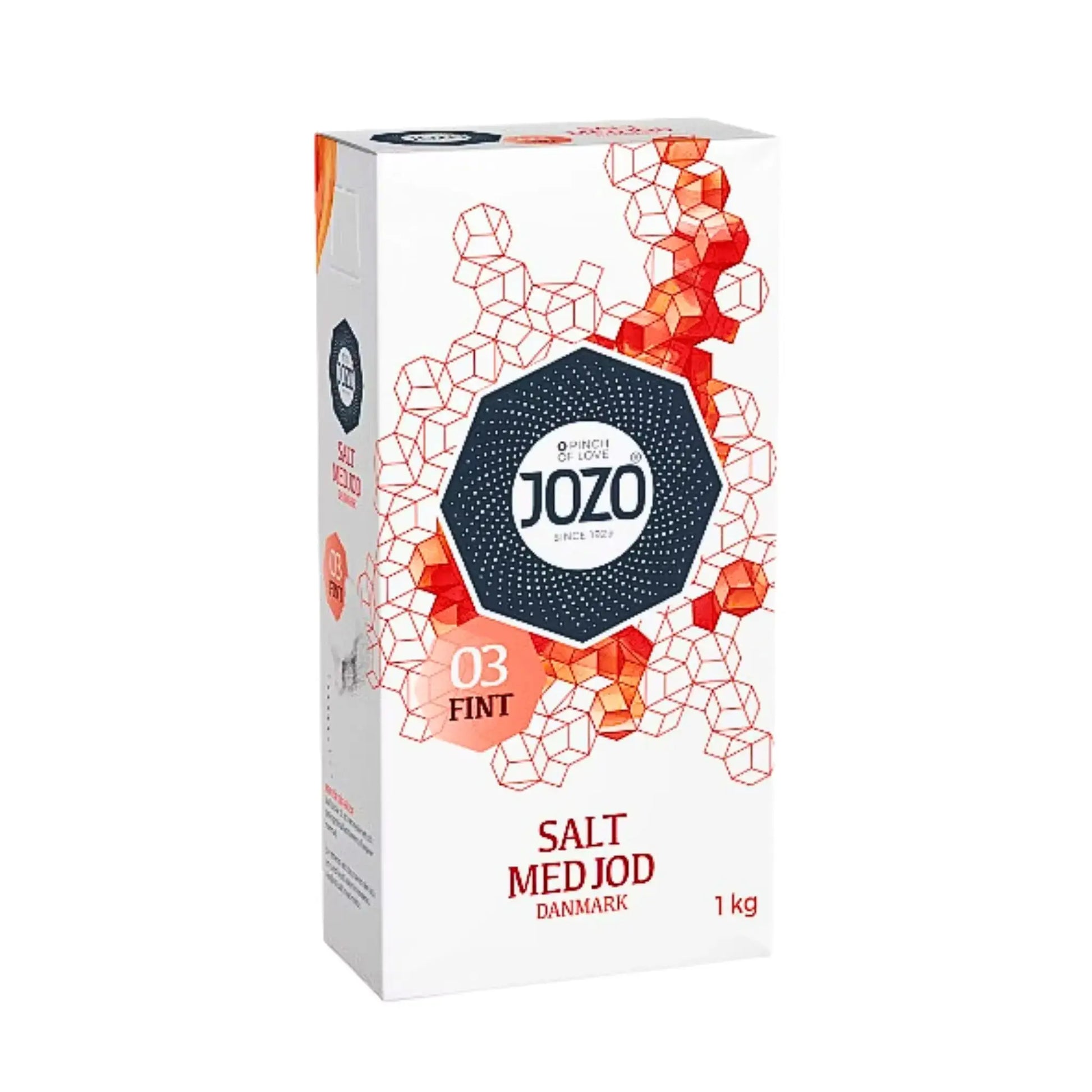 Jozo fint salt med jod 1 kg förpackning, vitt paket med röda geometriska mönster