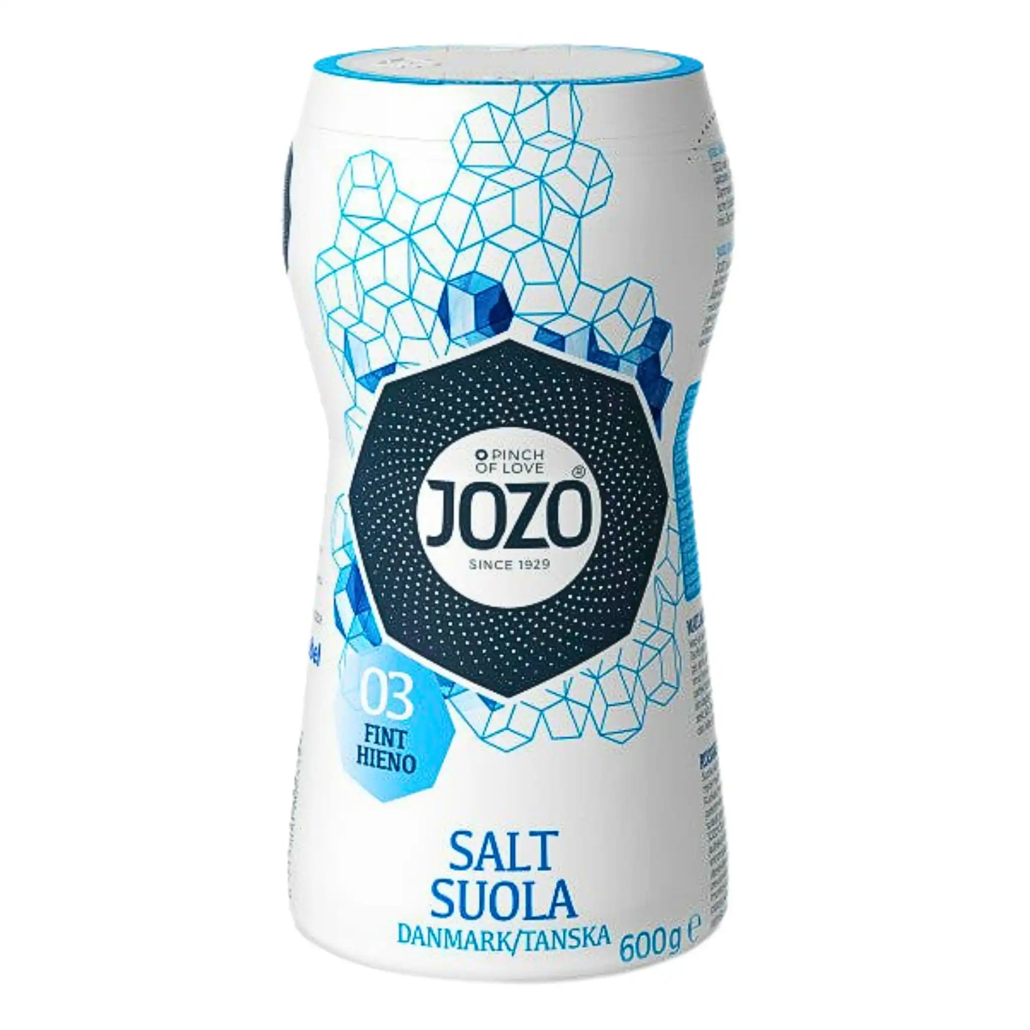 Jozo fint jodberikat bordsalt 600g i vit förpackning med blå grafik