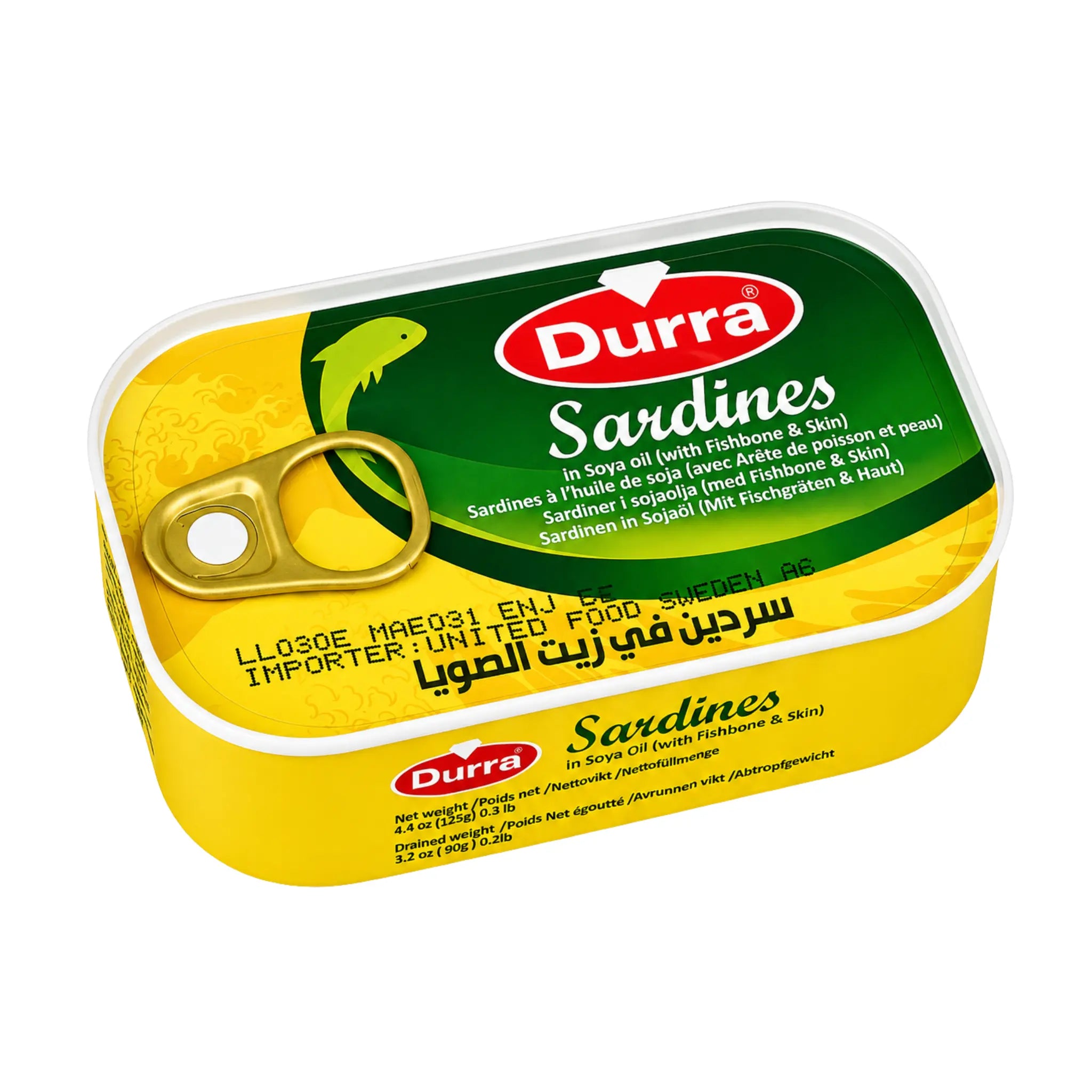 Durra sardiner i burk med grönt etikettlock, märkt Sardines