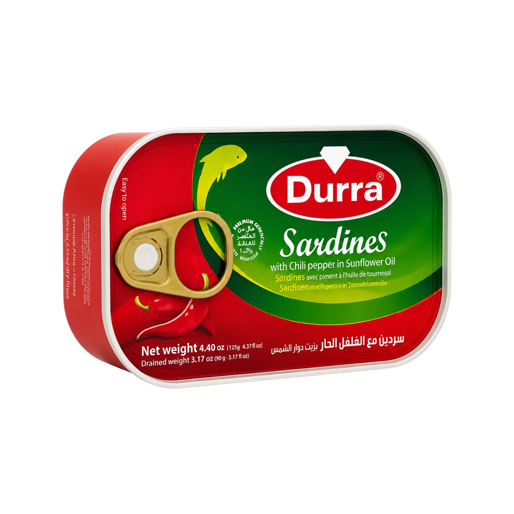 Durra sardiner i plåtask, grön och röd etikett med burklucka