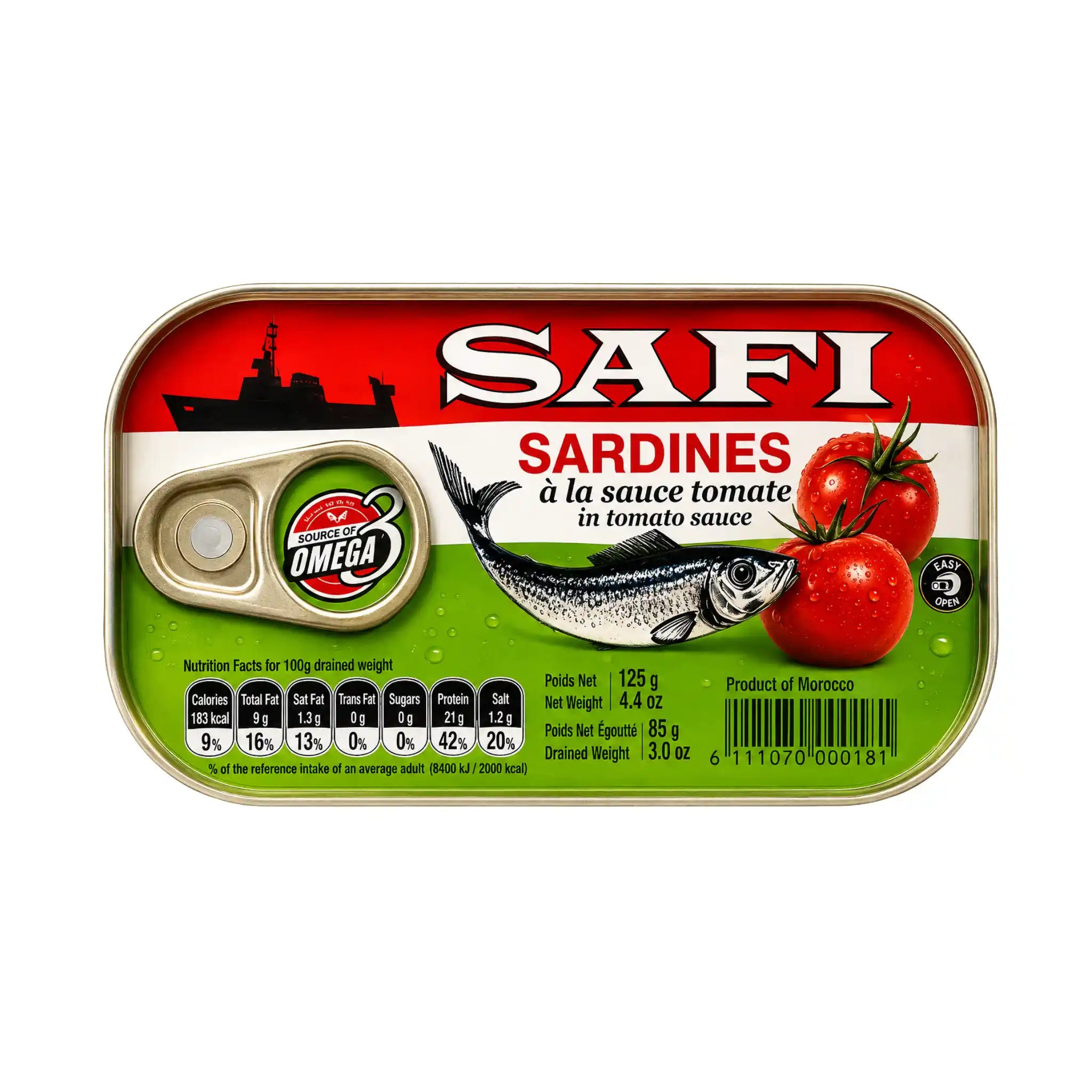 Safi sardiner i tomatsås i metallburk, etikett med tomater och fisk.