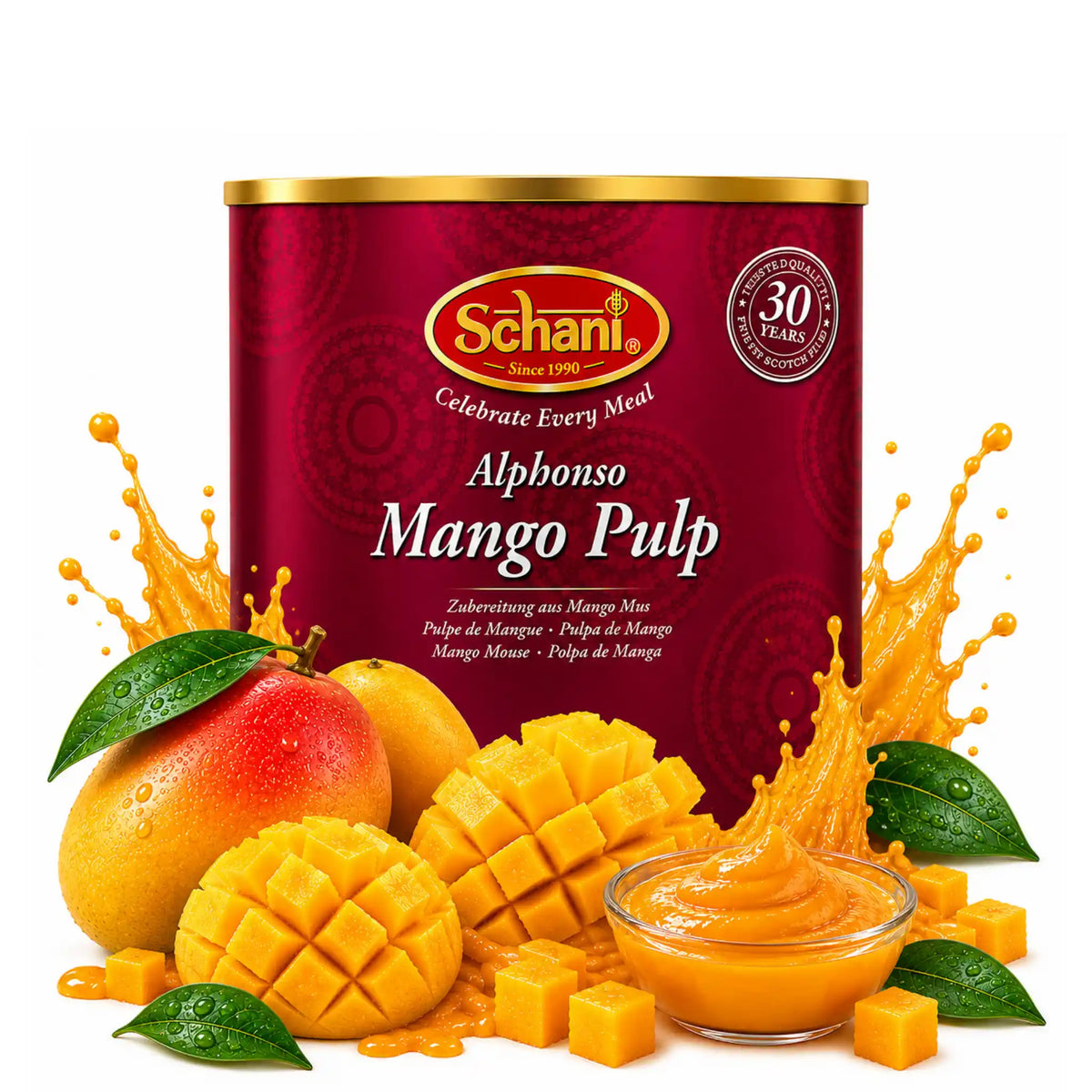 Schani mangopuré i burk med lock, bredvid mangobitar och blad.