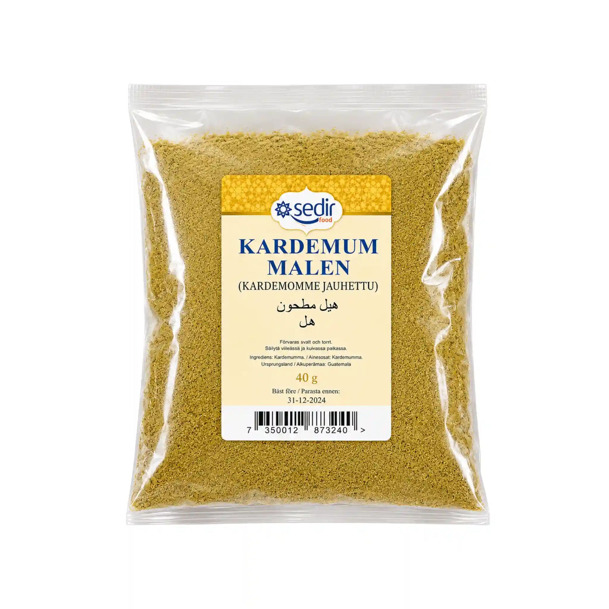 Sedir mald kardemumma i genomskinlig påse, gulbrunt kryddpulver
