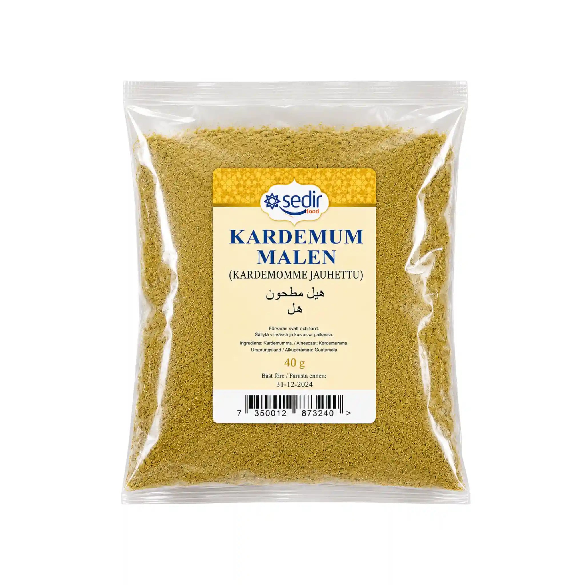 Sedir mald kardemumma i genomskinlig påse, gulbrunt kryddpulver