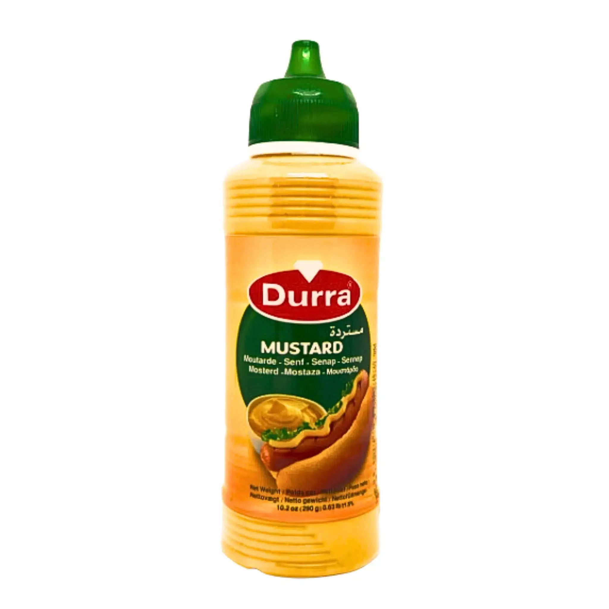 Durra senap i plastflaska med grön kork, orientaliska livsmedel, isolerad bakgrund