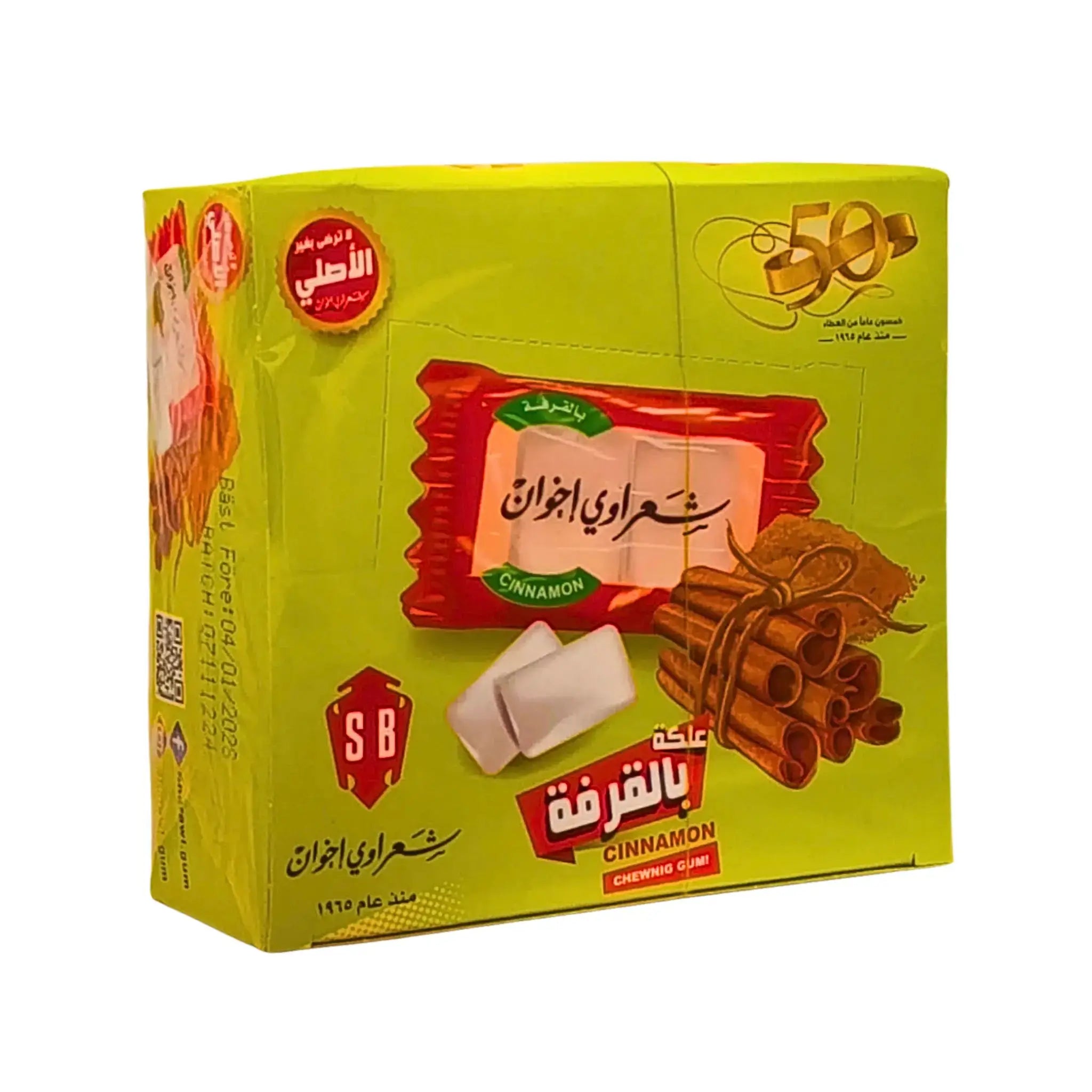 Sharawi tuggummi kanel 24-pack, kartong med bild på tuggummin och kanelstänger
