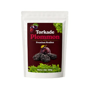 Torkade plommon 500 g i påse med etikett och plommonbilder