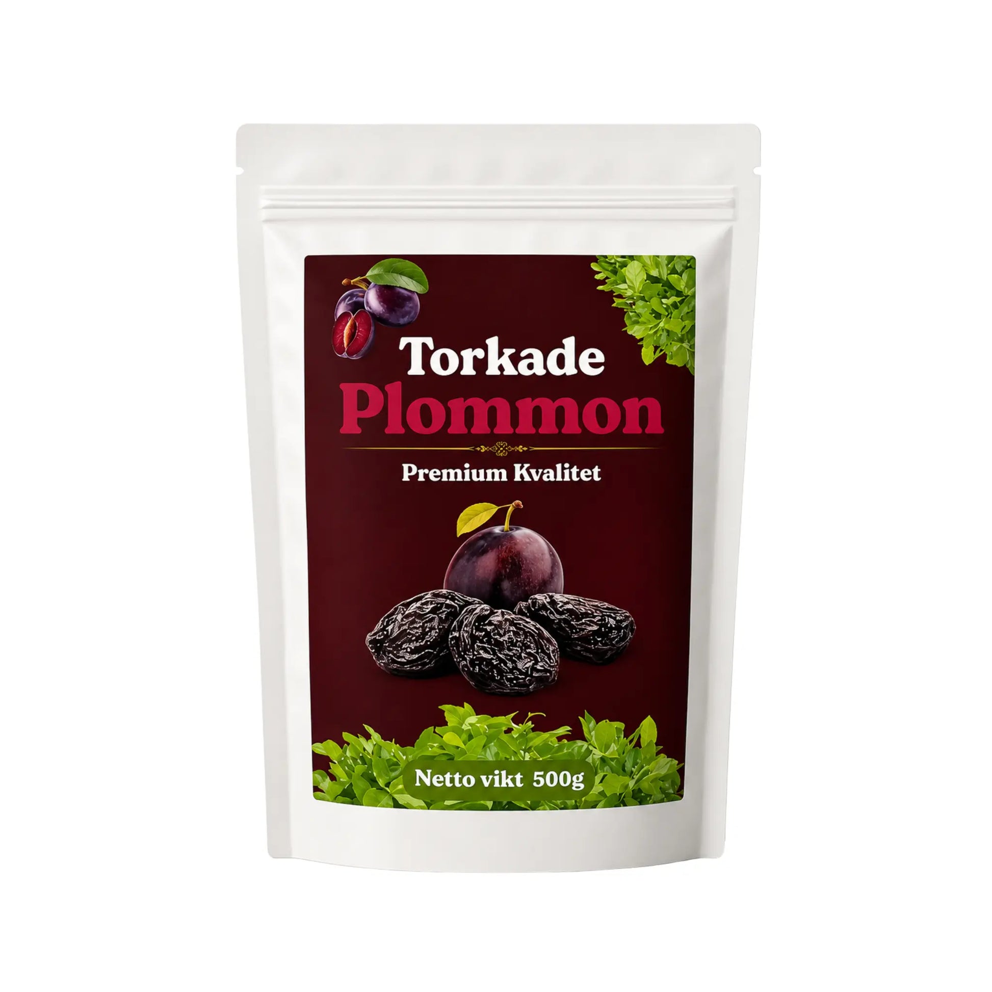 Torkade plommon 500 g i påse med etikett och plommonbilder