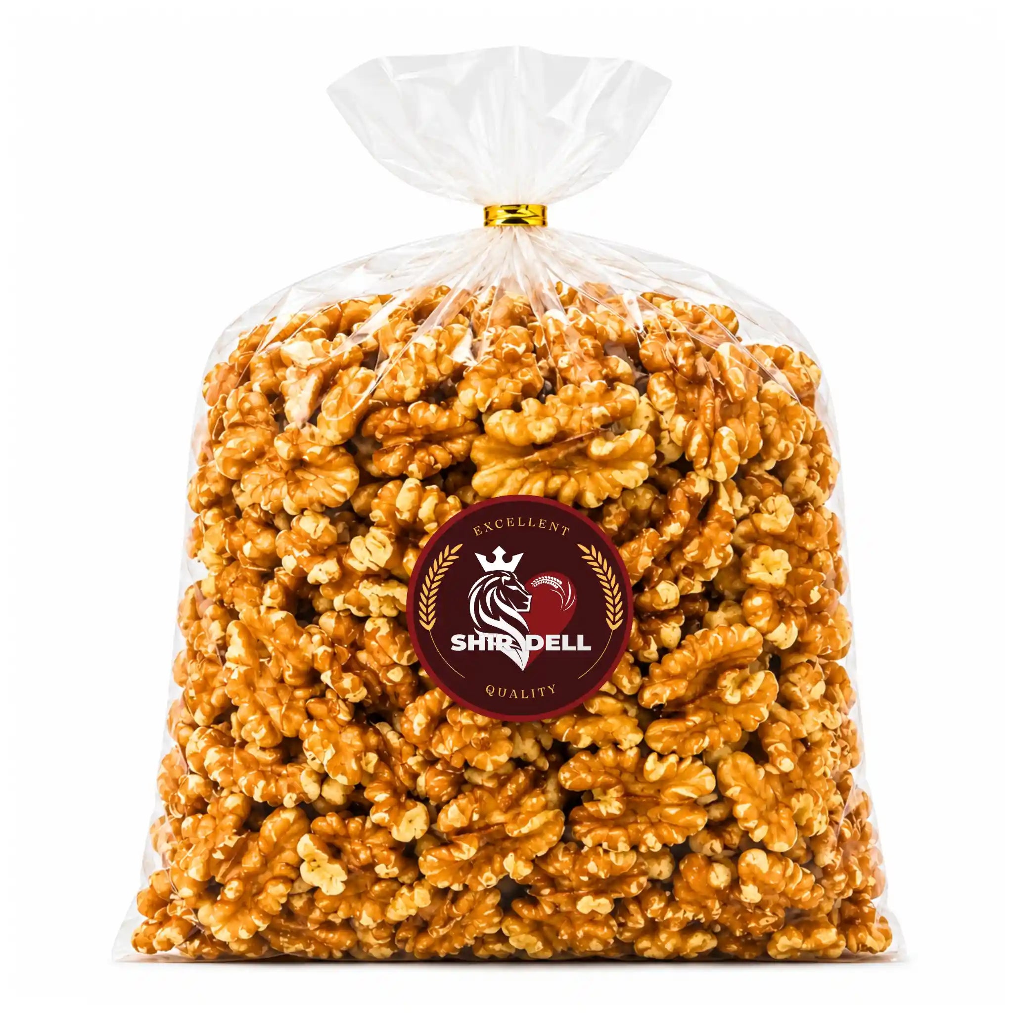 Valnötskärnor i genomskinlig påse, 1 kg, med etikett