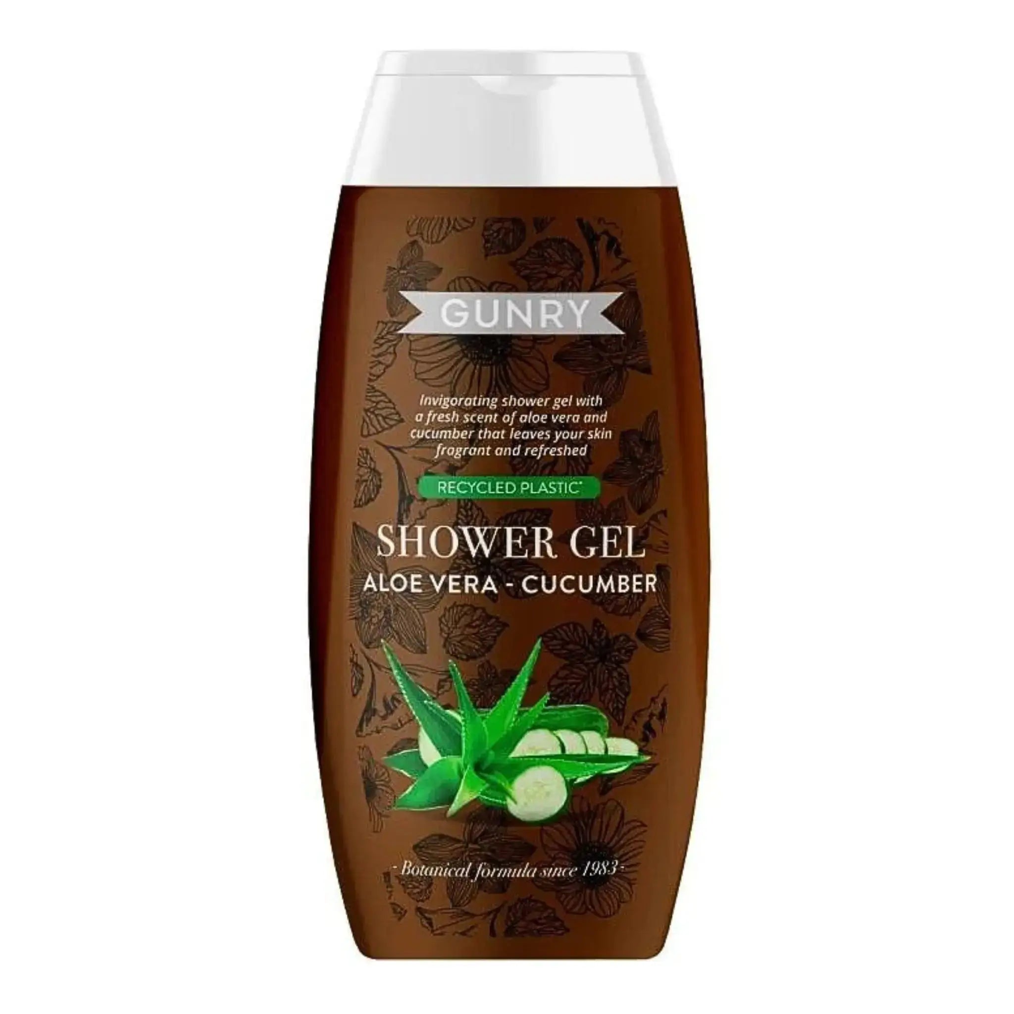 Duschgel flaska med aloe vera och gurka, brun design, 300ml, gröna växtmotiv