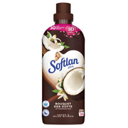 Sköljmedel Softlan Ultra med kokos och vita blommor, brun flaska med kokosmotiv.