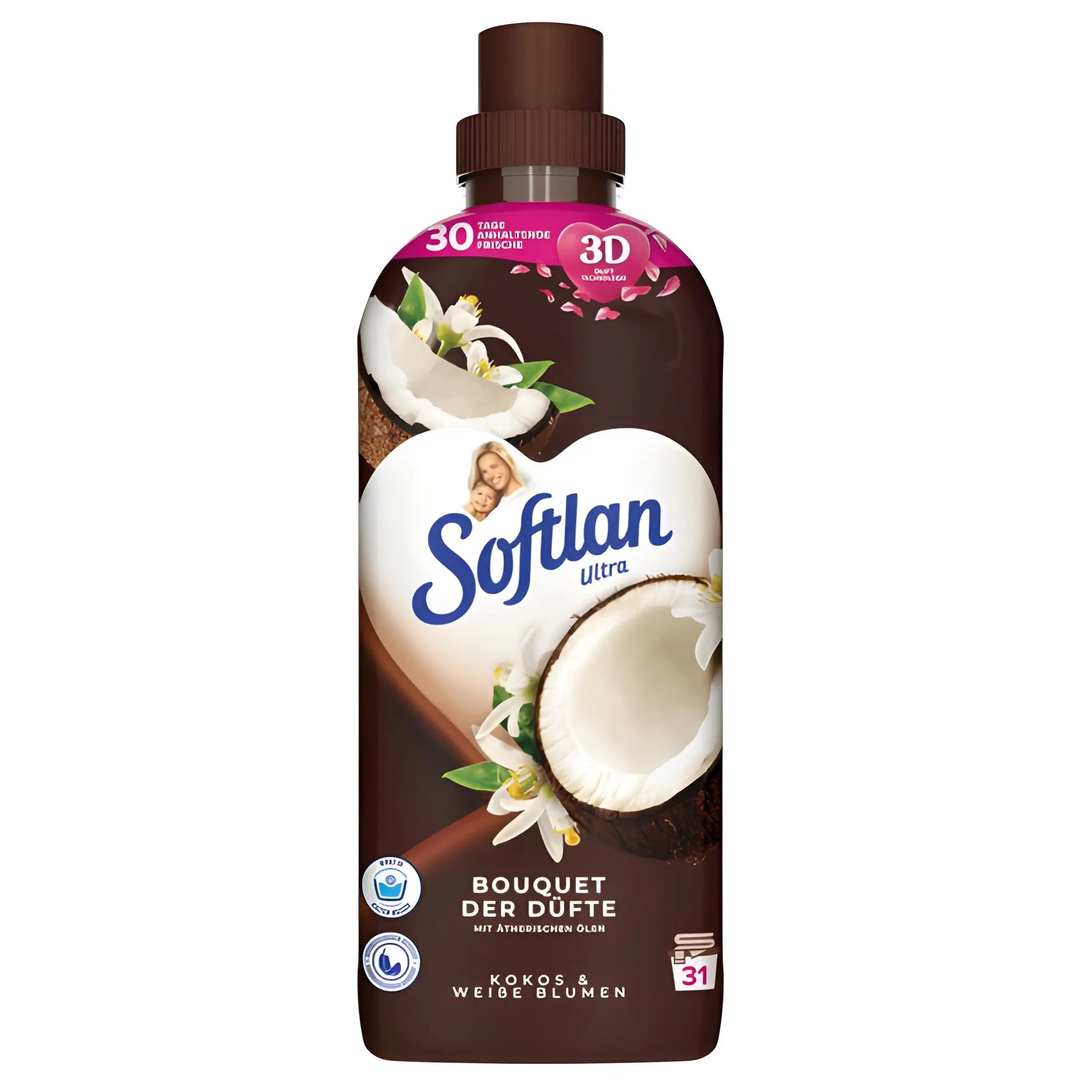 Sköljmedel Softlan Ultra med kokos och vita blommor, brun flaska med kokosmotiv.
