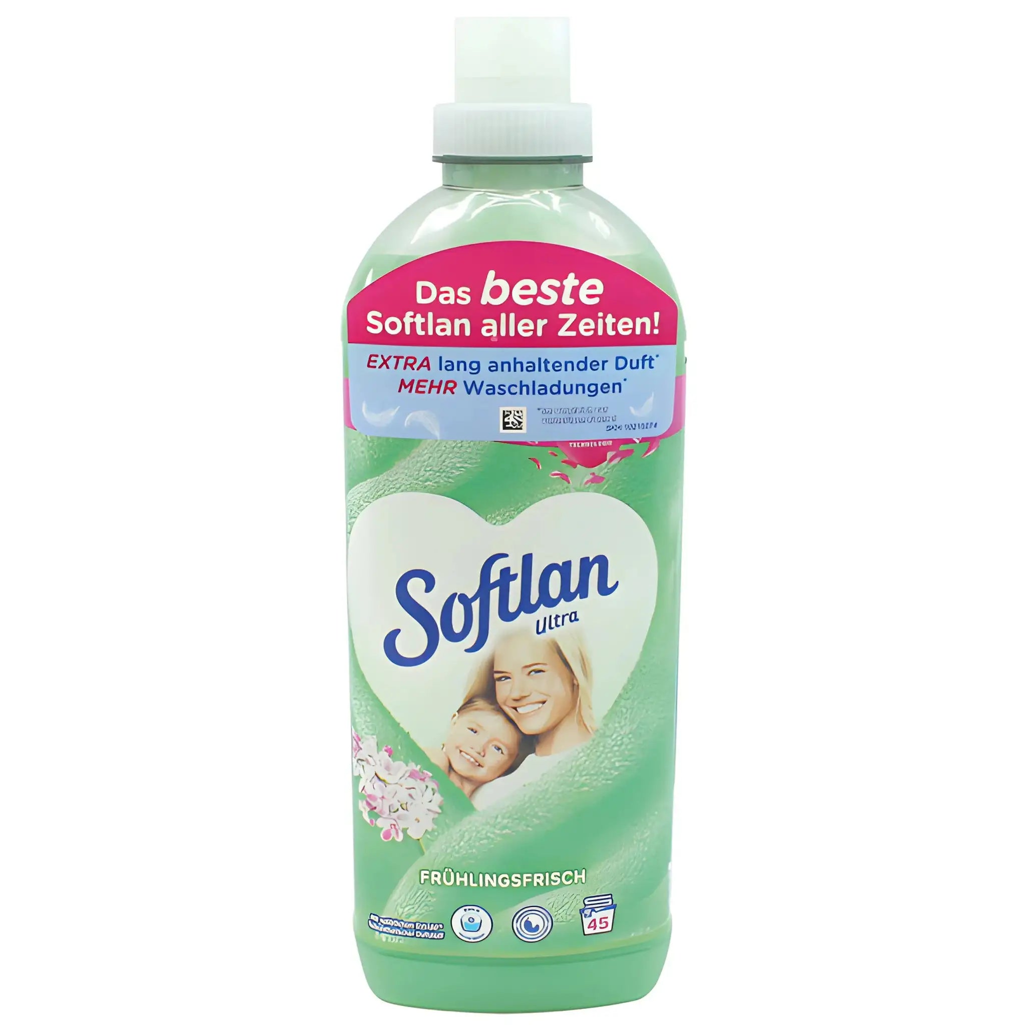 Softlan sköljmedel Springfresh grön flaska med hjärta, blommor och leende personer