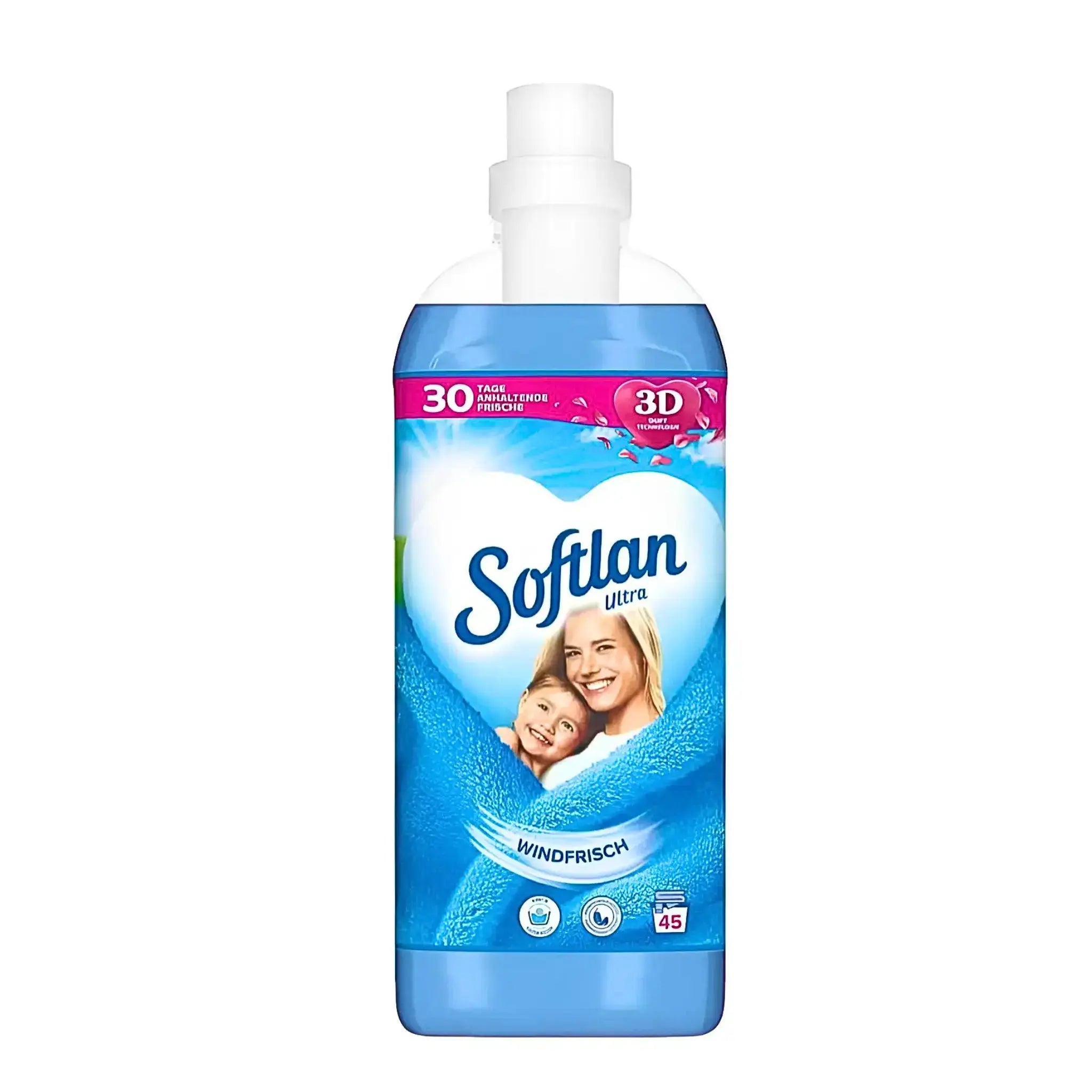 Softlan sköljmedel 1 liter blå flaska, etikett med leende kvinna och barn, vindfräsch doft.
