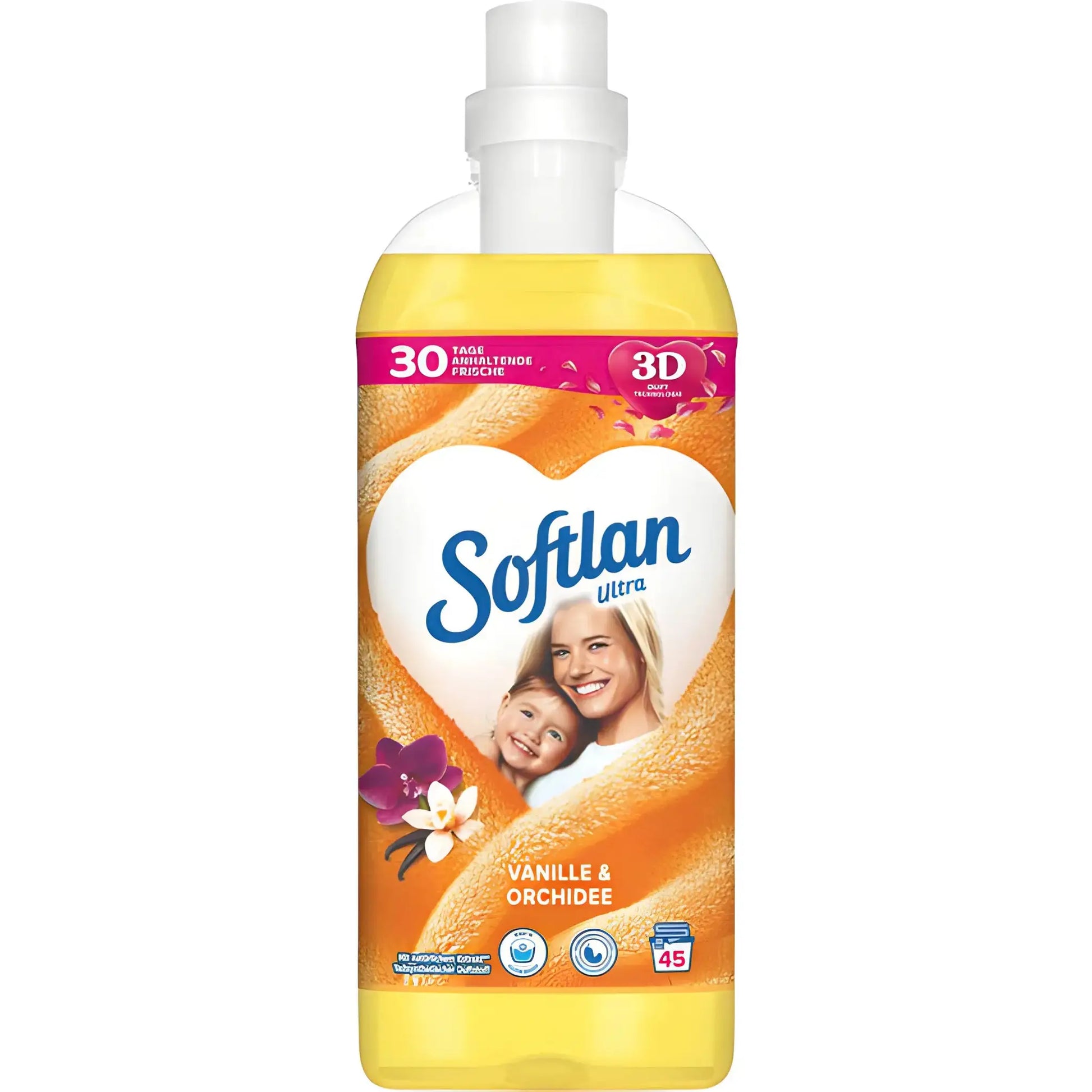 Softlan sköljmedel Vanilj & Orkidé, gul flaska med hjärtdesign och glada personer på etiketten