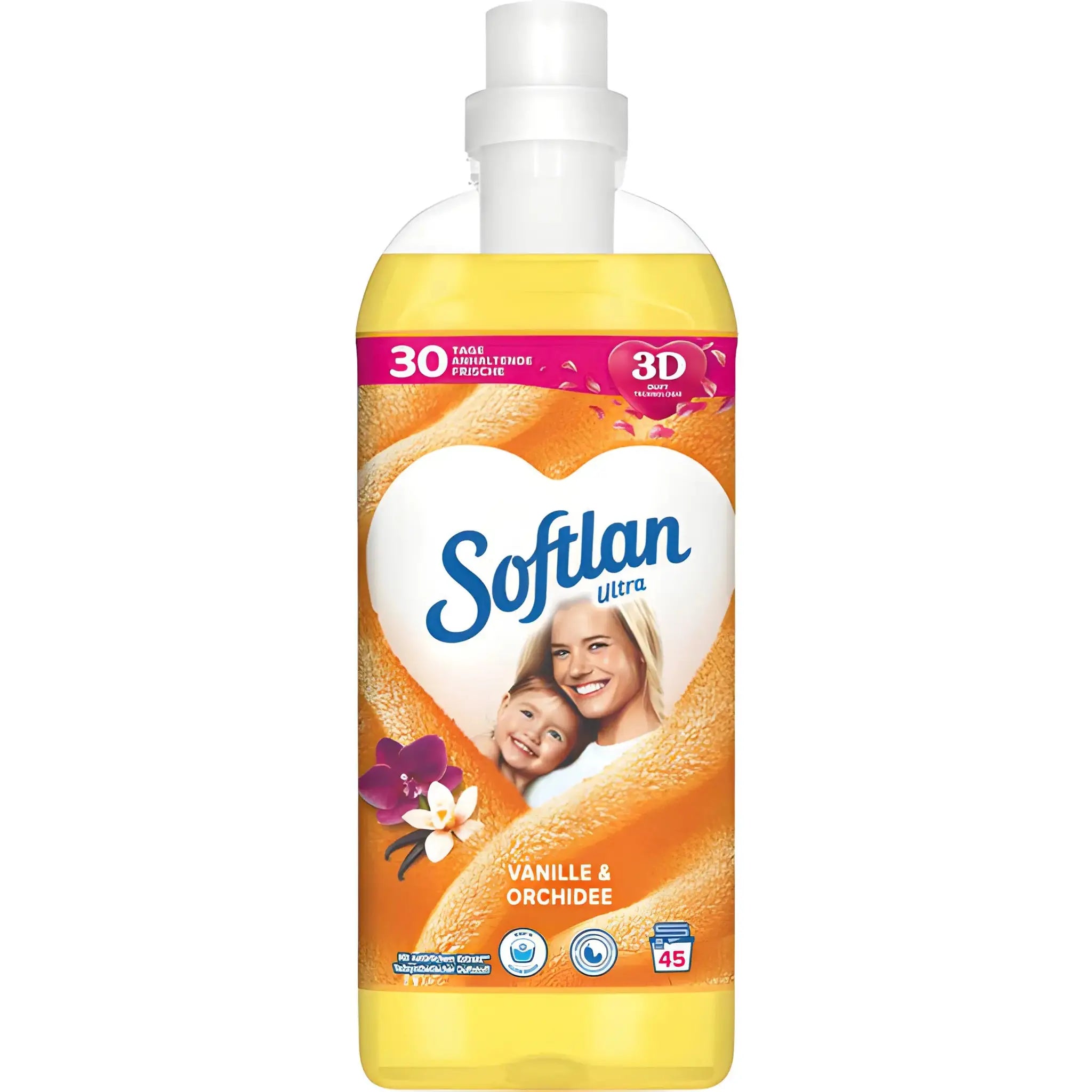 Softlan sköljmedel Vanilj & Orkidé, gul flaska med hjärtdesign och glada personer på etiketten