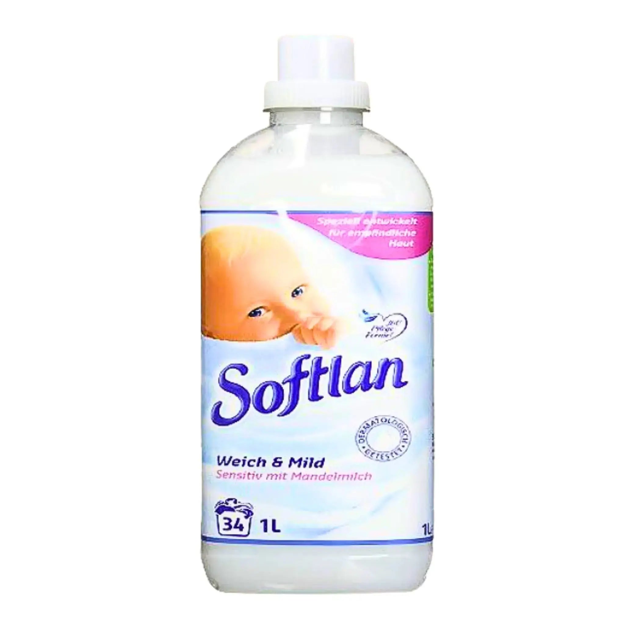 Softlan sköljmedel Mandelmjölk Sensitiv 1L, vit flaska med baby på etiketten