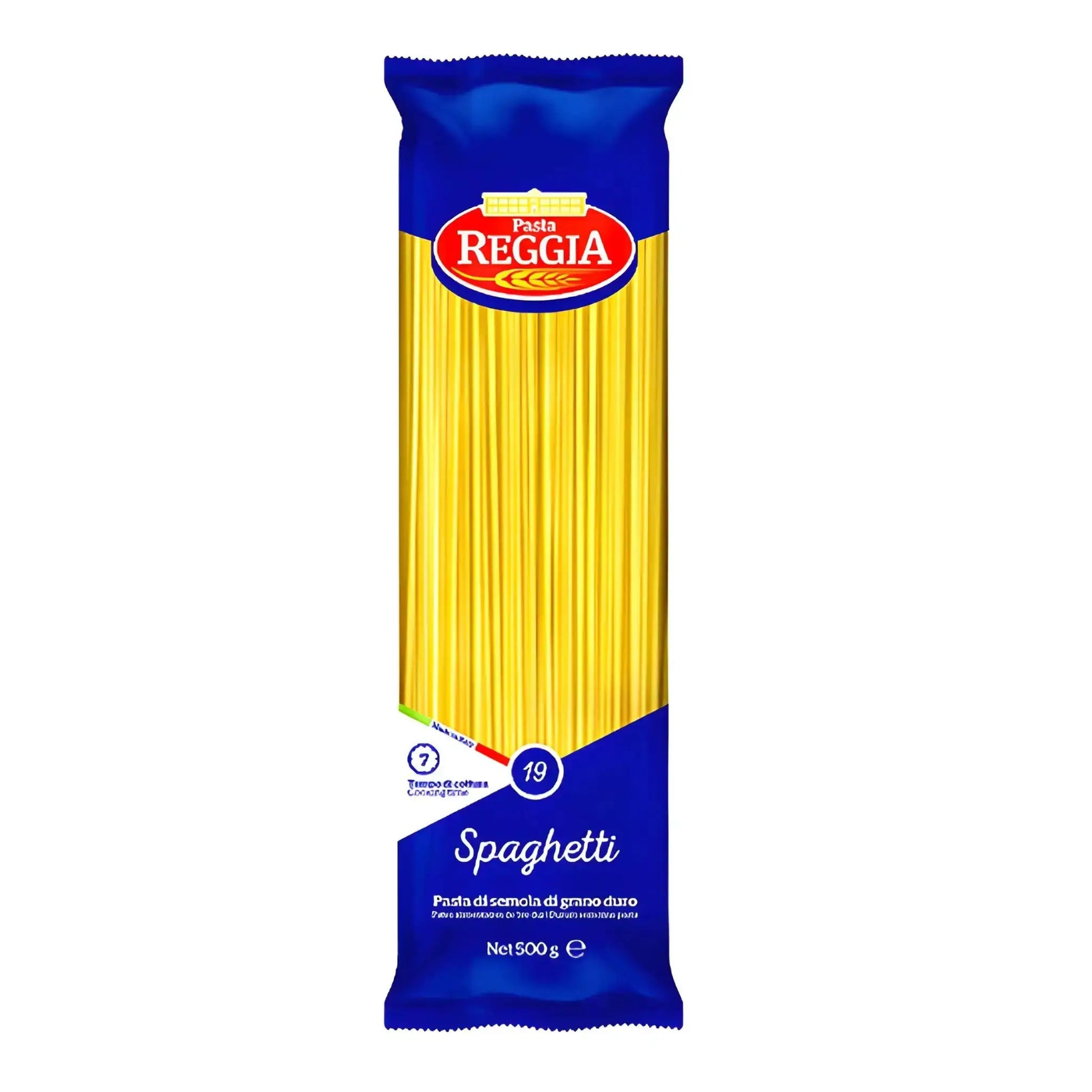 Förpackning med Reggia spaghetti 500g, lång pasta av durumvete, blå och gul design.