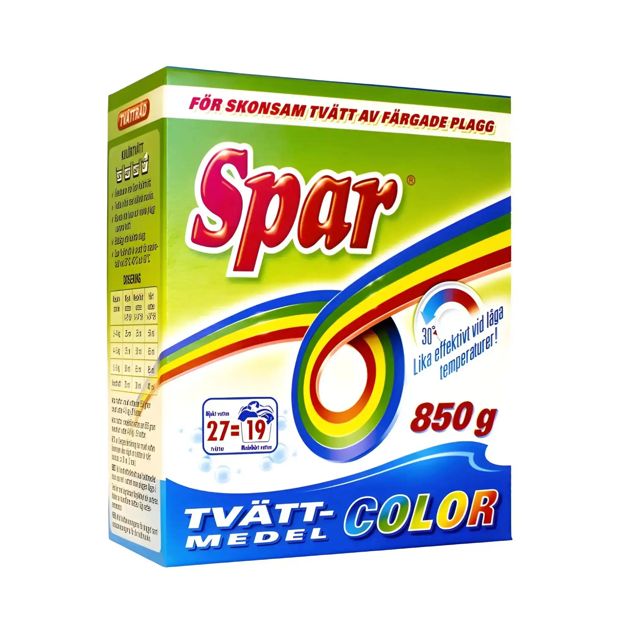 Spar Color tvättmedel 850g för färgade kläder, kartong med regnbågsmönster.