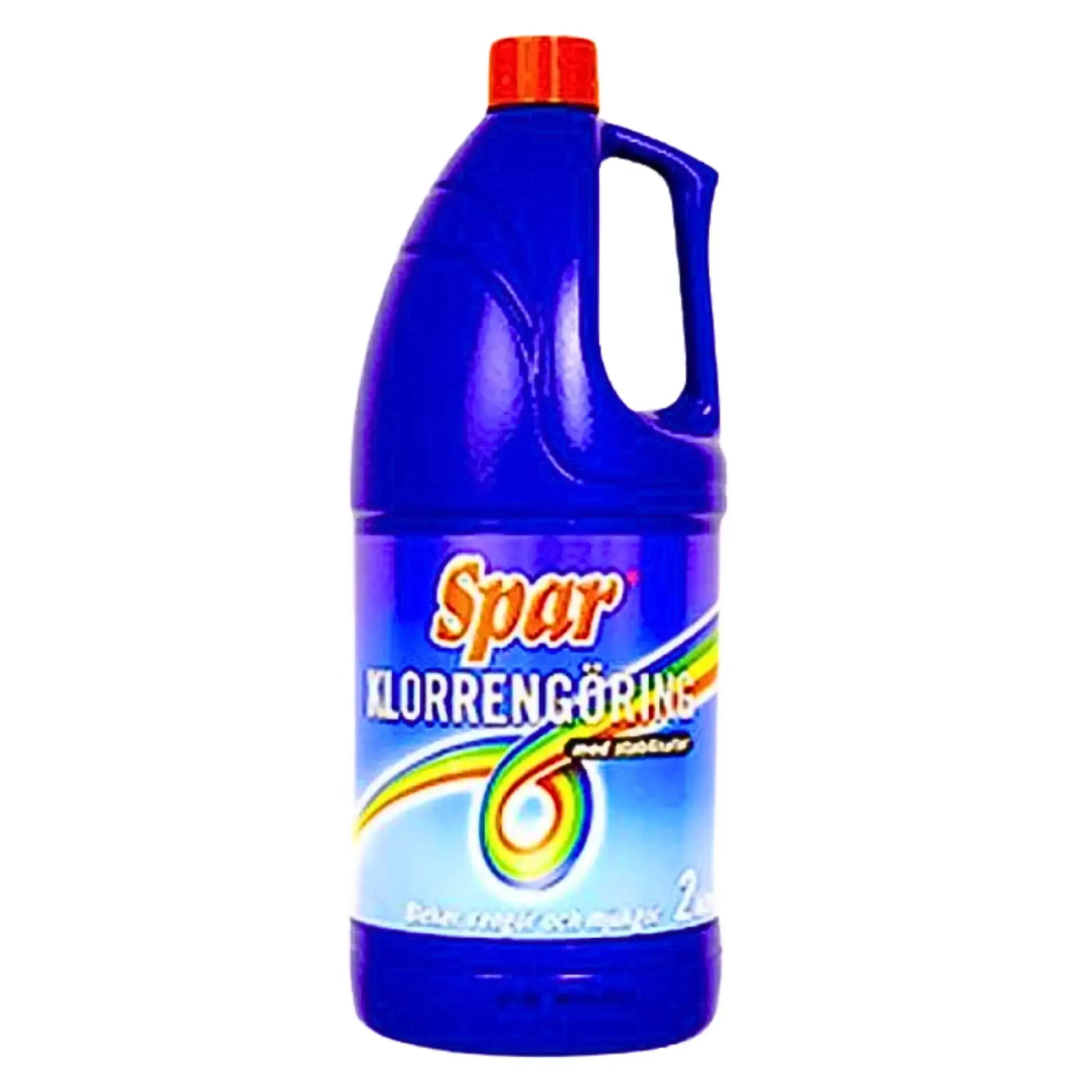 Blå flaska Spar klorrengöring 2,5L med rött lock och färgglad etikett på vit bakgrund