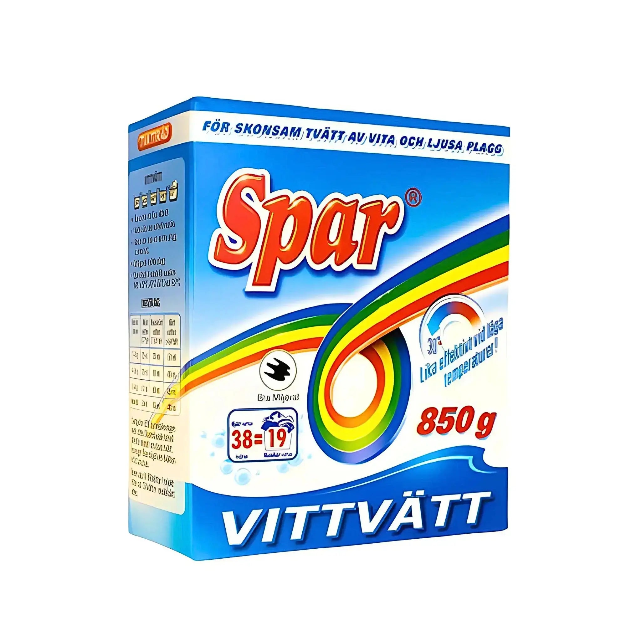 Spar Vittvätt tvättmedel 850g för vit och ljus tvätt, färgglad förpackning på vit bakgrund