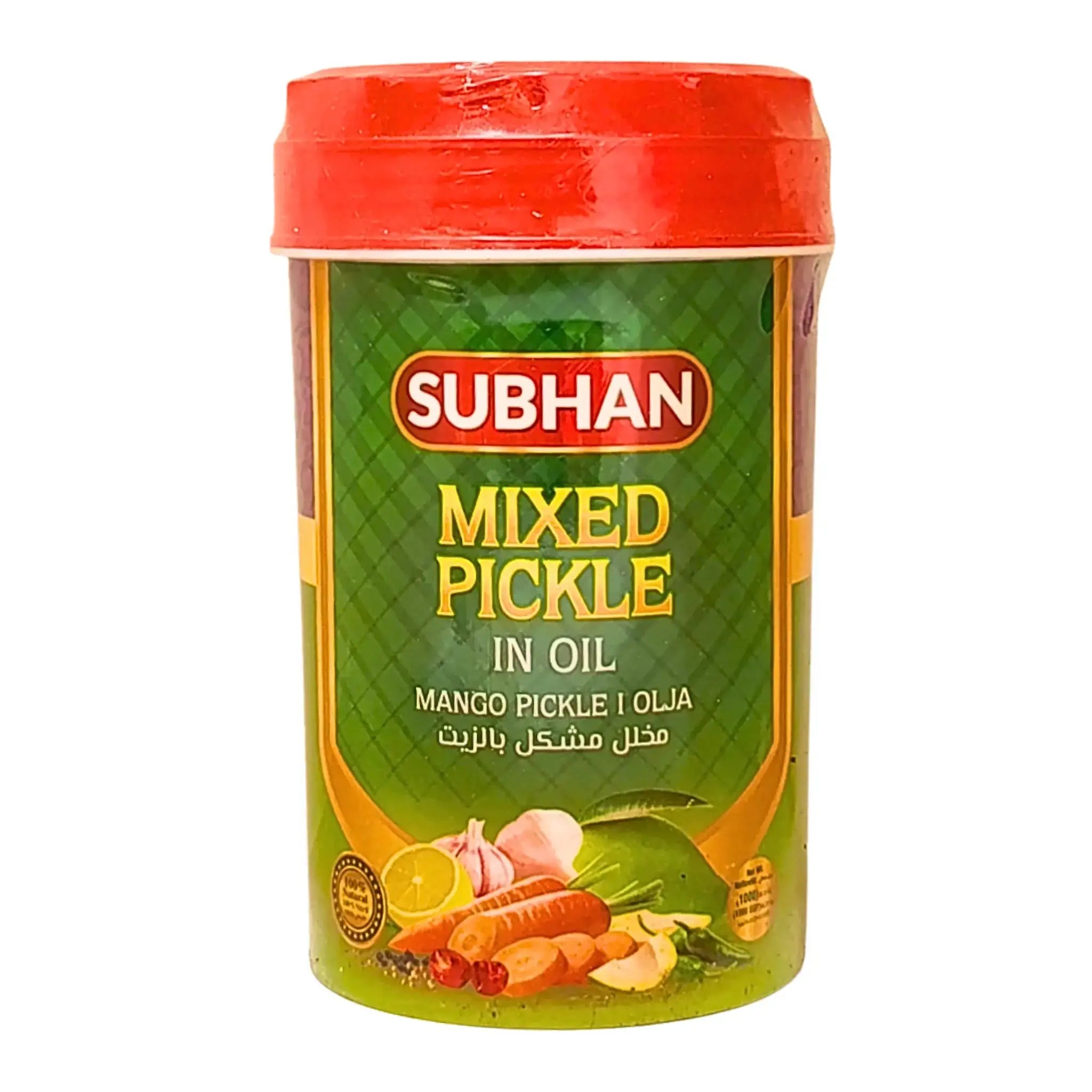 Burk med Subhan mixed pickle i olja, orientalisk inlagd mango, vitlök och grönsaker.