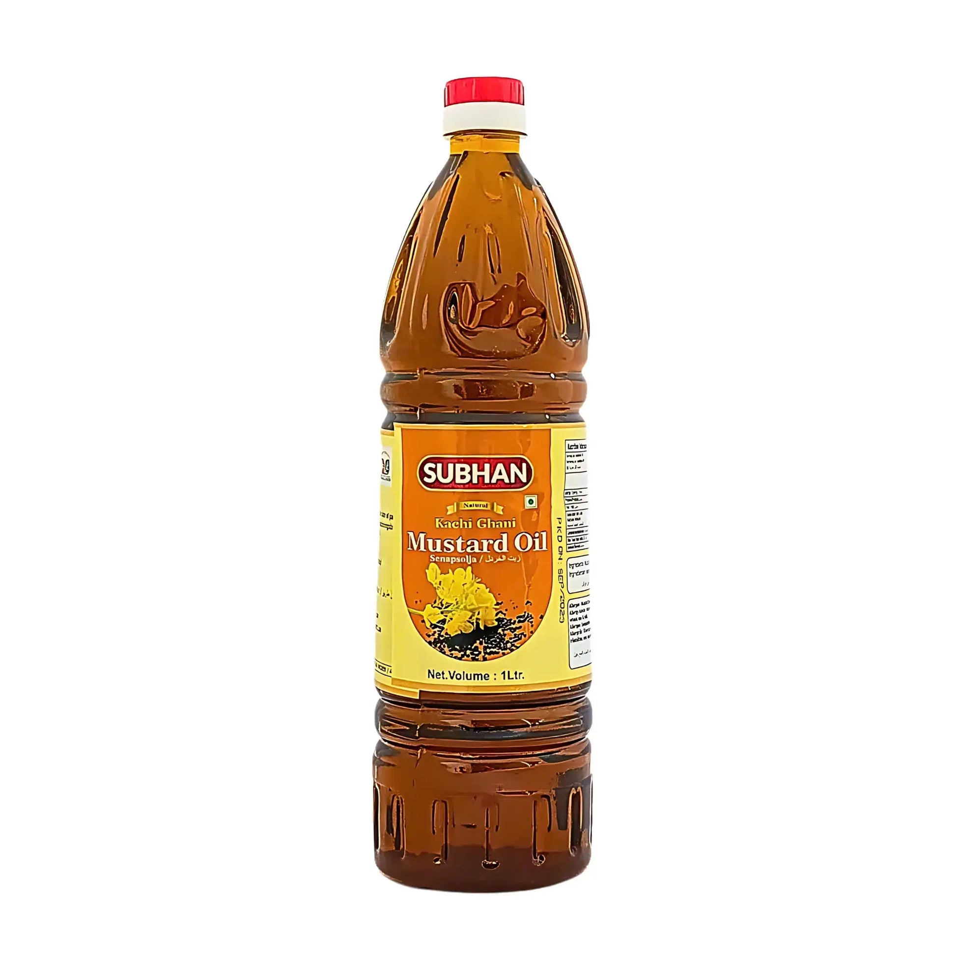 Flaska med senapsolja, 1 liter, gul etikett och röd kork för orientaliskt kök.